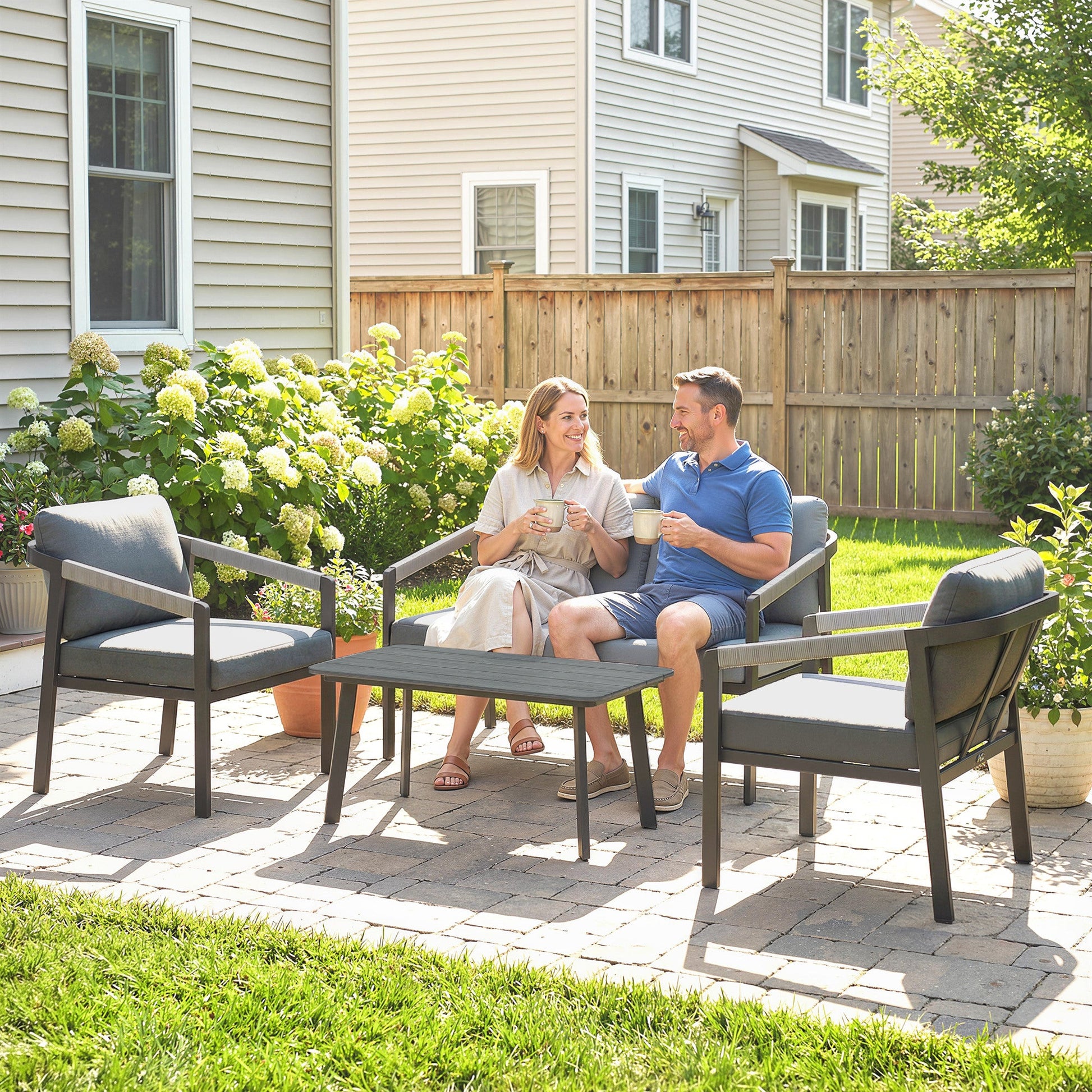 Aluminium Garden Furniture Set, 4 Seater Outdoor Patio Furniture with Loveseat, 2 Armchairs, Slatted Table, Outdoor Furniture Conversation Set with Thick Cushions, Black