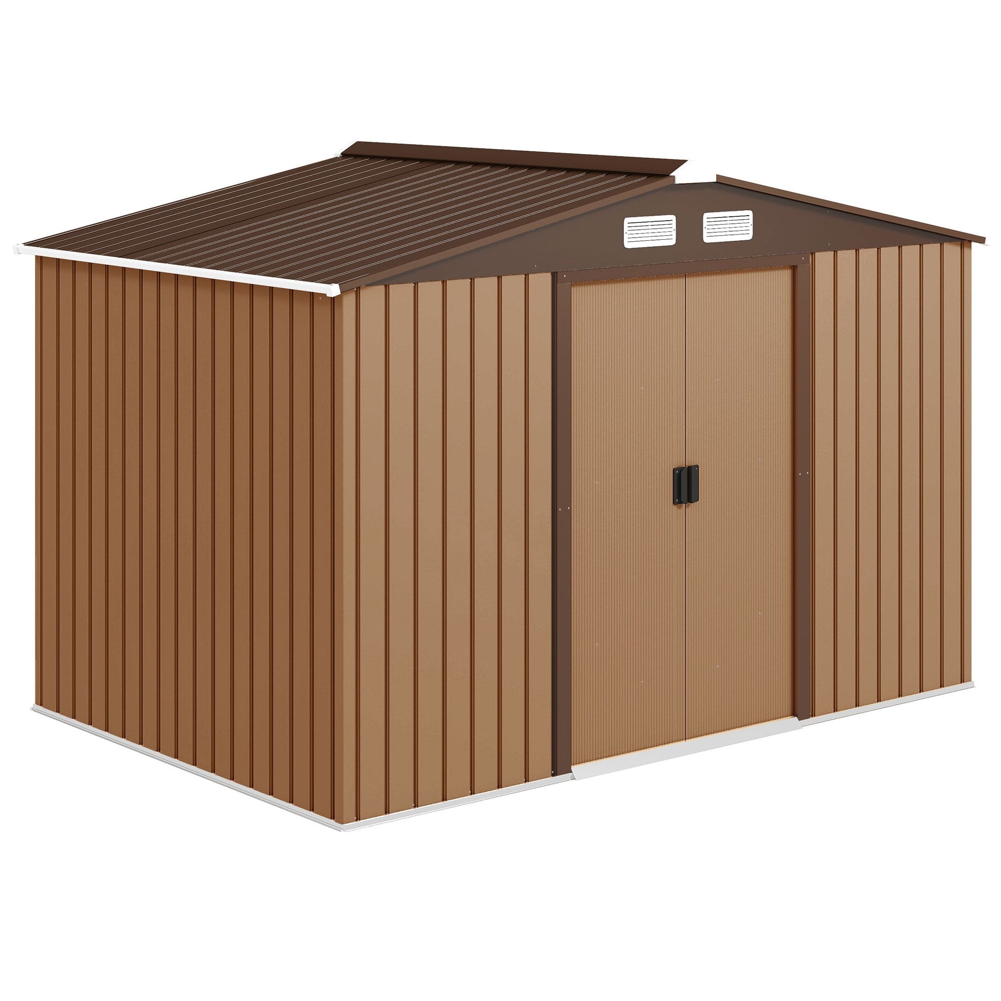 9 x 6ft Metal Garden Shed, Outdoor Storage Tool House with Ventilation Slots, Foundation Kit and Lockable Double Doors, Light Brown