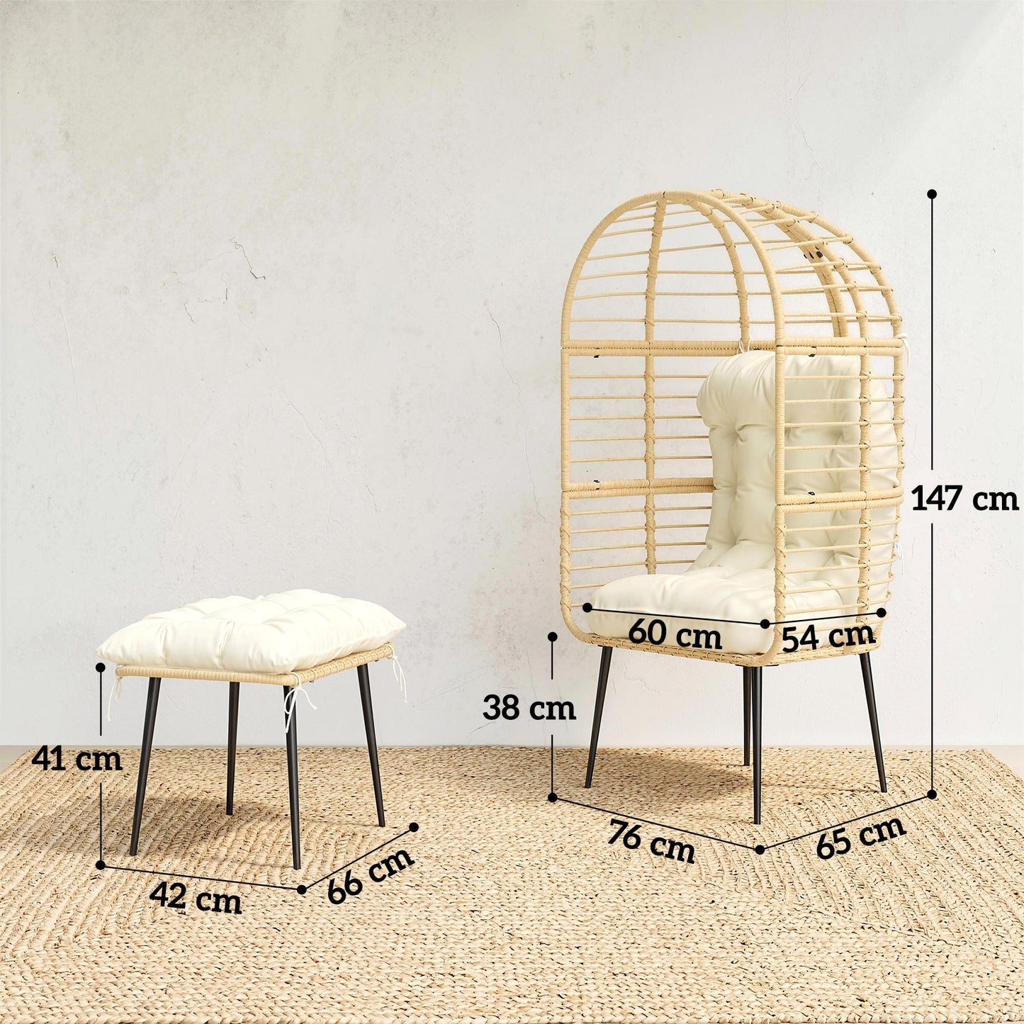 Standing Garden Egg Chair with Footstool, PE Rattan Outdoor Lounge Chair and Ottoman Set with Thick Cushions, Indoor Outdoor Egg Basket Seating for Patio Balcony Porch, Beige