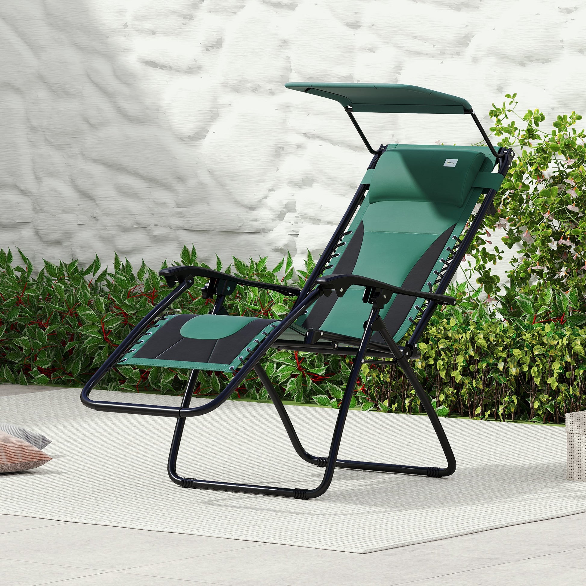 Zero Gravity Lounger Chair, Folding Reclining Patio Chair with Shade Cover, Padded Seat, Cup Holder, Soft Cushion and Headrest for Poolside, Camping, Green