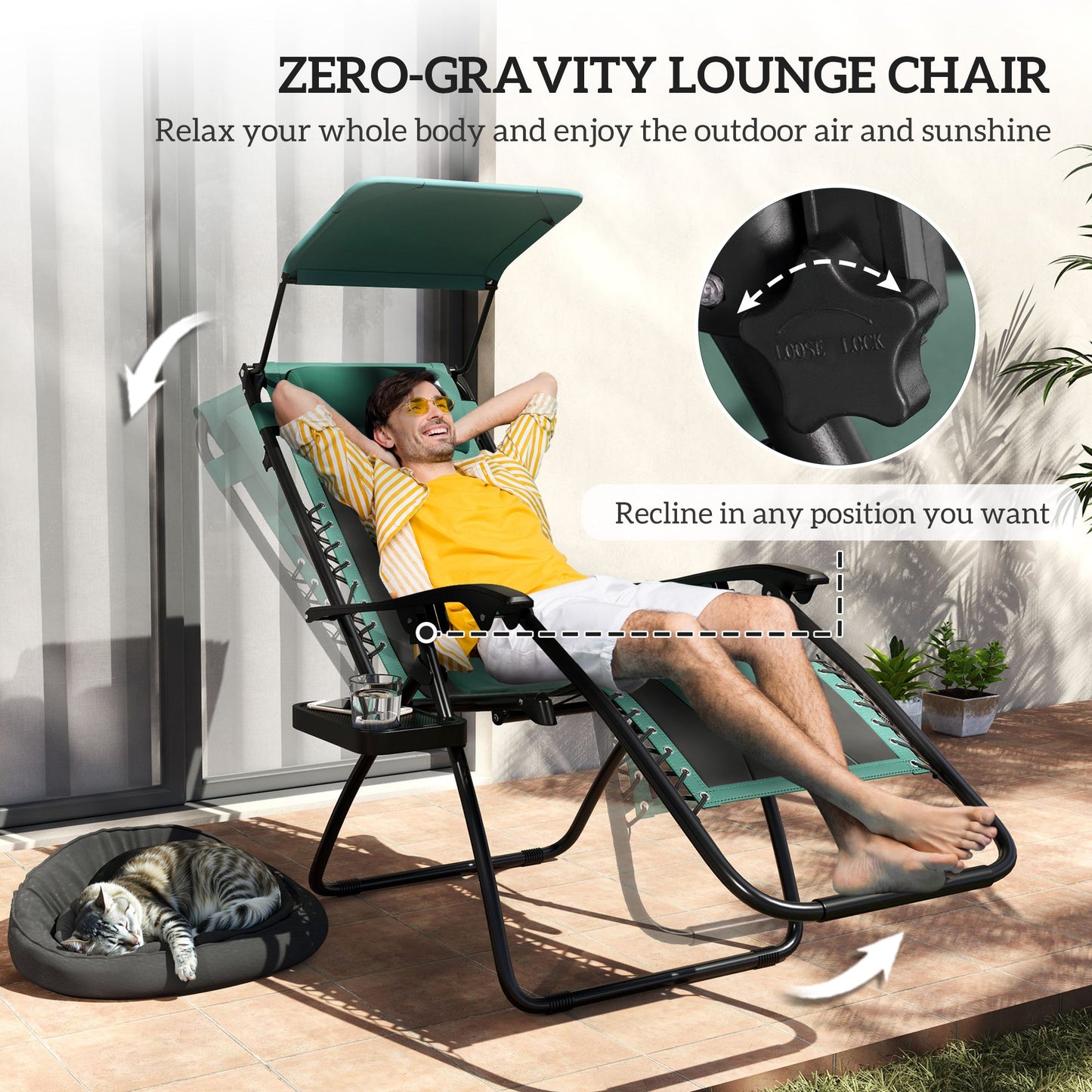 Zero Gravity Lounger Chair, Folding Reclining Patio Chair with Shade Cover, Padded Seat, Cup Holder, Soft Cushion and Headrest for Poolside, Camping, Green