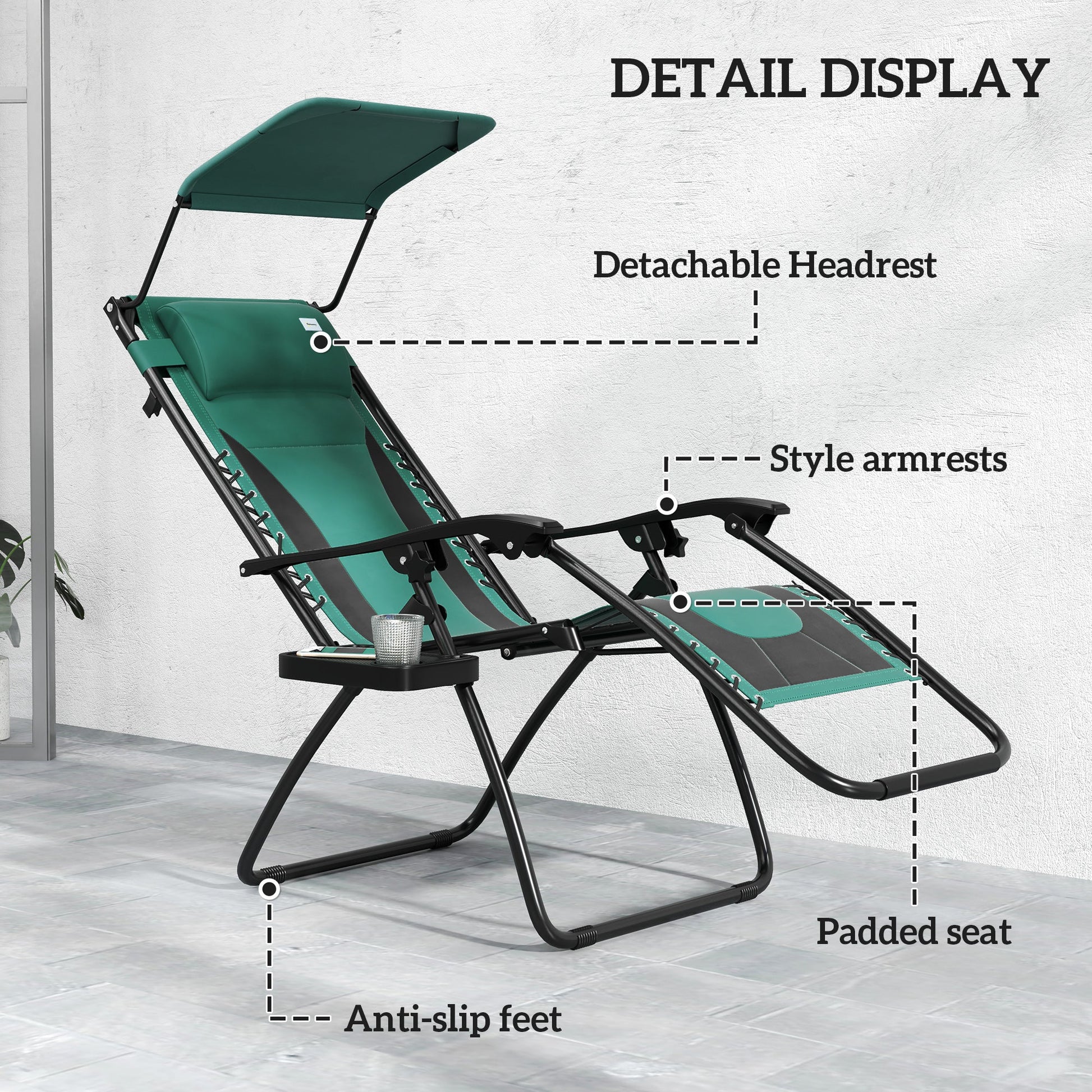 Zero Gravity Lounger Chair, Folding Reclining Patio Chair with Shade Cover, Padded Seat, Cup Holder, Soft Cushion and Headrest for Poolside, Camping, Green