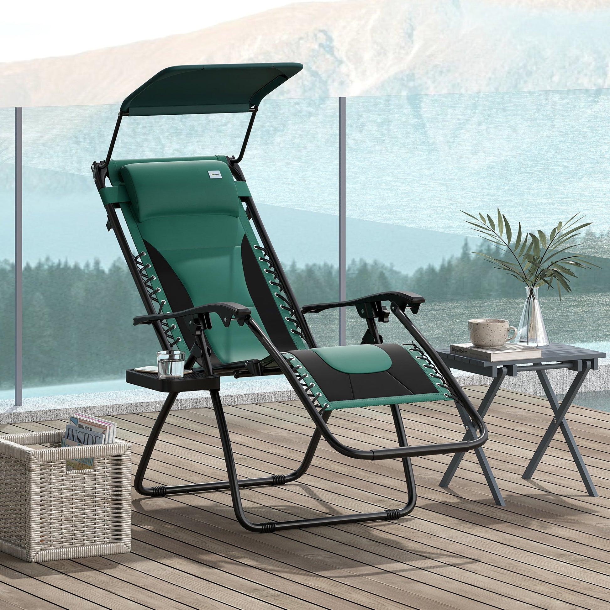 Zero Gravity Lounger Chair, Folding Reclining Patio Chair with Shade Cover, Padded Seat, Cup Holder, Soft Cushion and Headrest for Poolside, Camping, Green