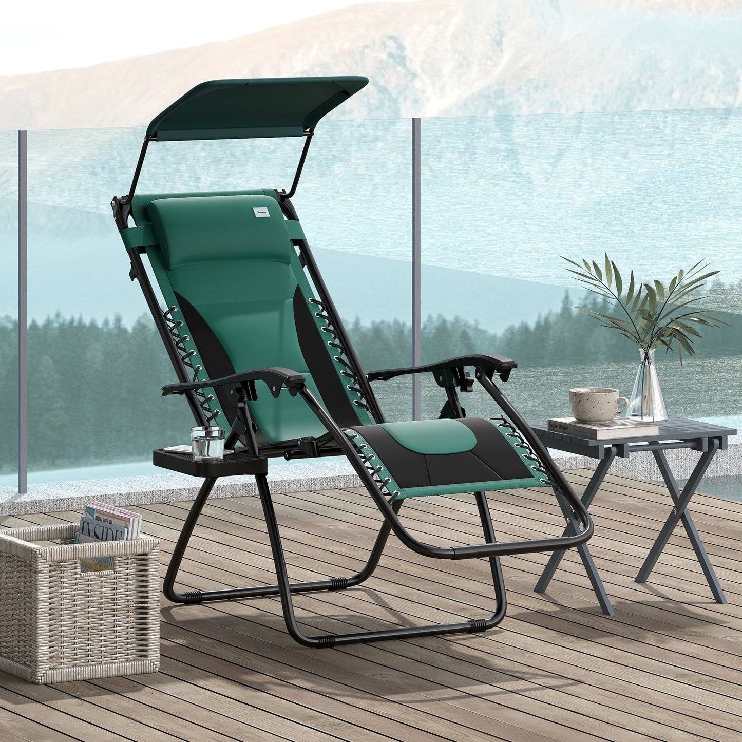 Zero Gravity Lounger Chair, Folding Reclining Patio Chair with Shade Cover, Padded Seat, Cup Holder, Soft Cushion and Headrest for Poolside, Camping, Green