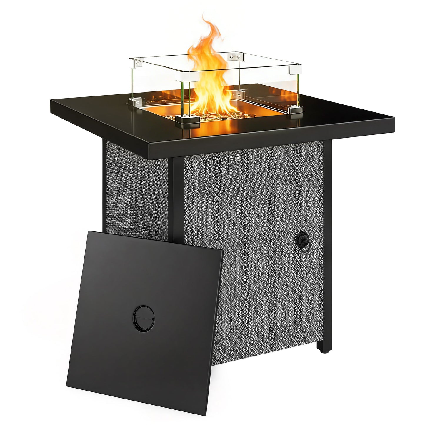 Propane Gas Fire Pit Table for Garden, 11.7 KW Smokeless Firepit Outdoor Heater with Wind Guard, Glass Rocks, Lid, Diamond Pattern Sides, Outdoor Garden Dining Table, 71 x 71 x 63cm, Black