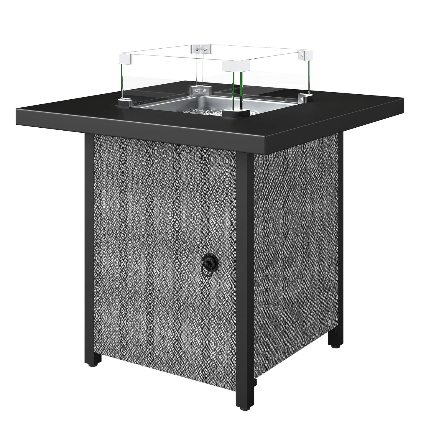Propane Gas Fire Pit Table for Garden, 11.7 KW Smokeless Firepit Outdoor Heater with Wind Guard, Glass Rocks, Lid, Diamond Pattern Sides, Outdoor Garden Dining Table, 71 x 71 x 63cm, Black