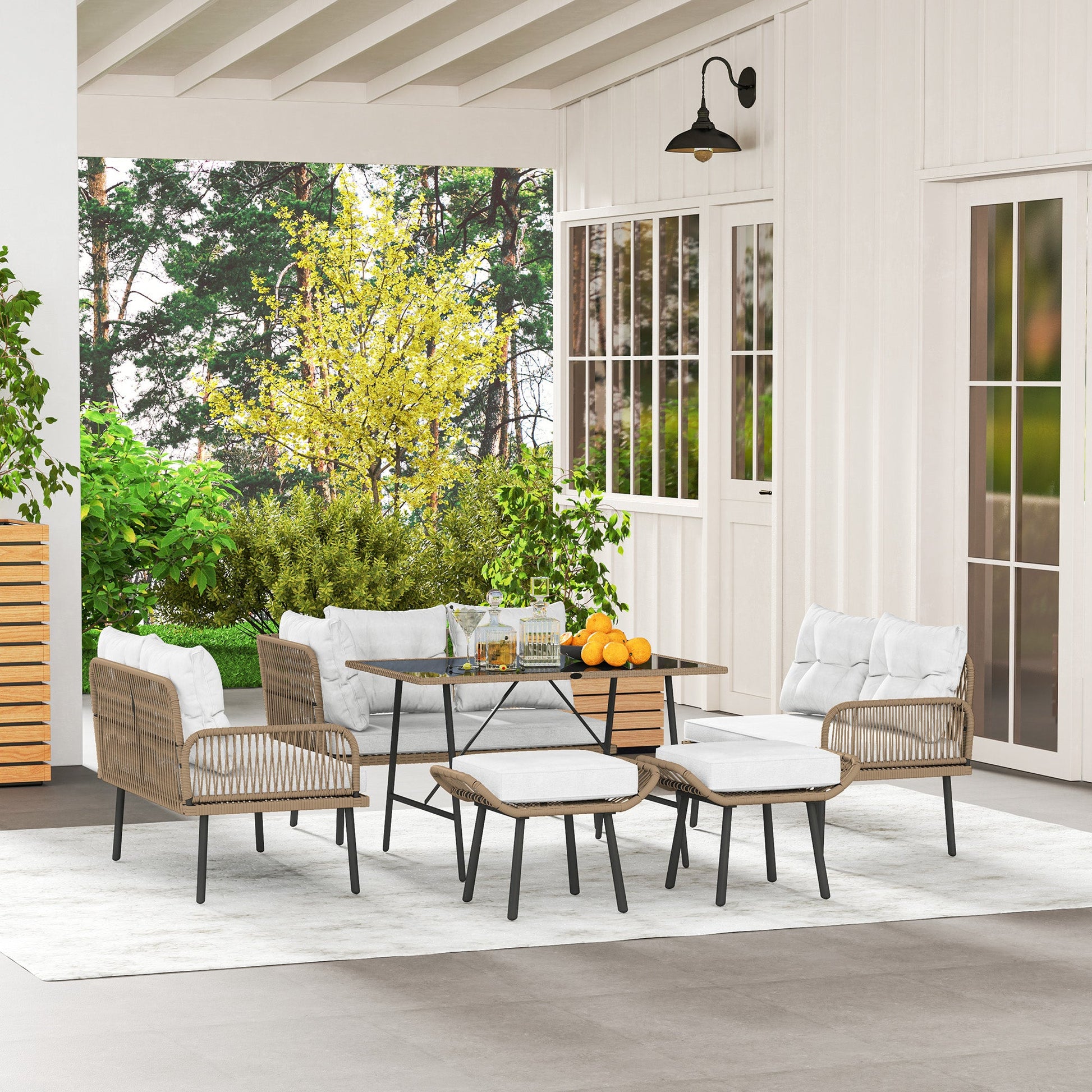 6 Piece Rattan Garden Furniture Set, 8 Seater Garden Corner Sofa with Cushions and Glass Top Table, Sectional Outdoor Furniture Conservatory Set for Patio, Cream White