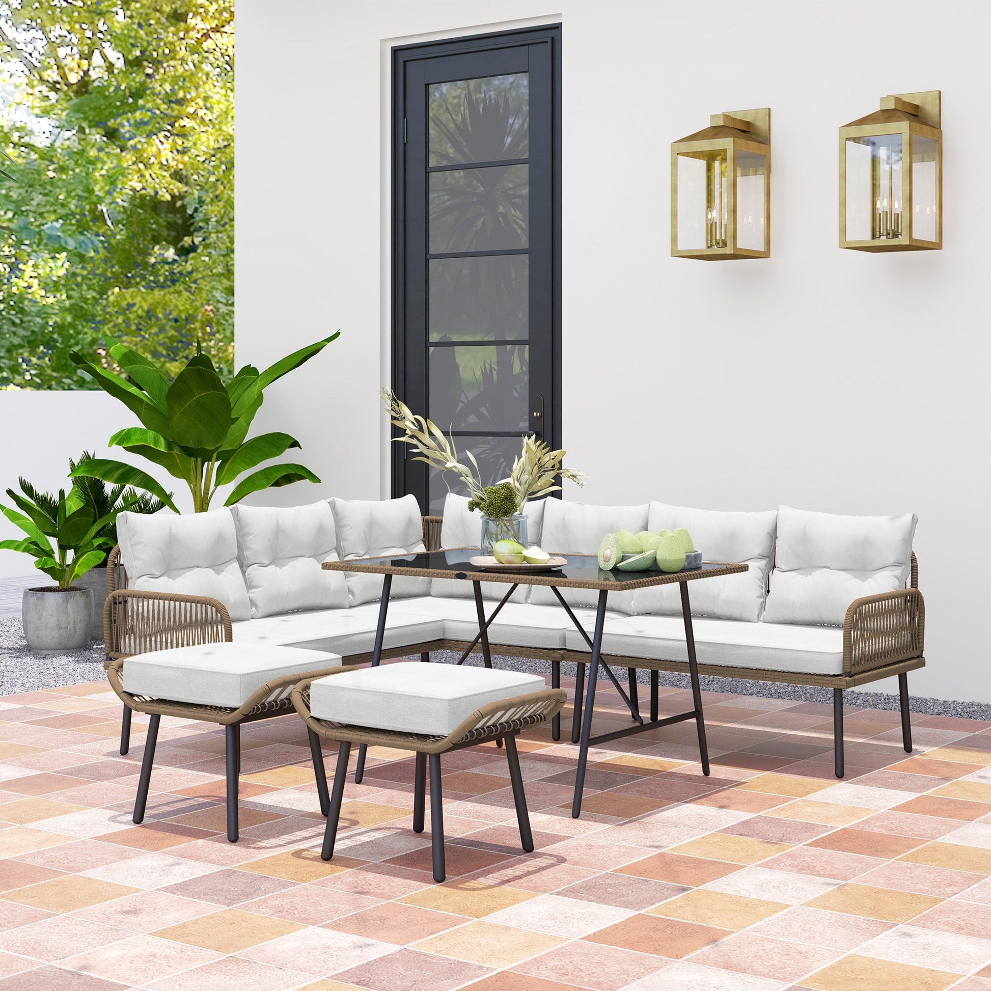 6 Piece Rattan Garden Furniture Set, 8 Seater Garden Corner Sofa with Cushions and Glass Top Table, Sectional Outdoor Furniture Conservatory Set for Patio, Cream White