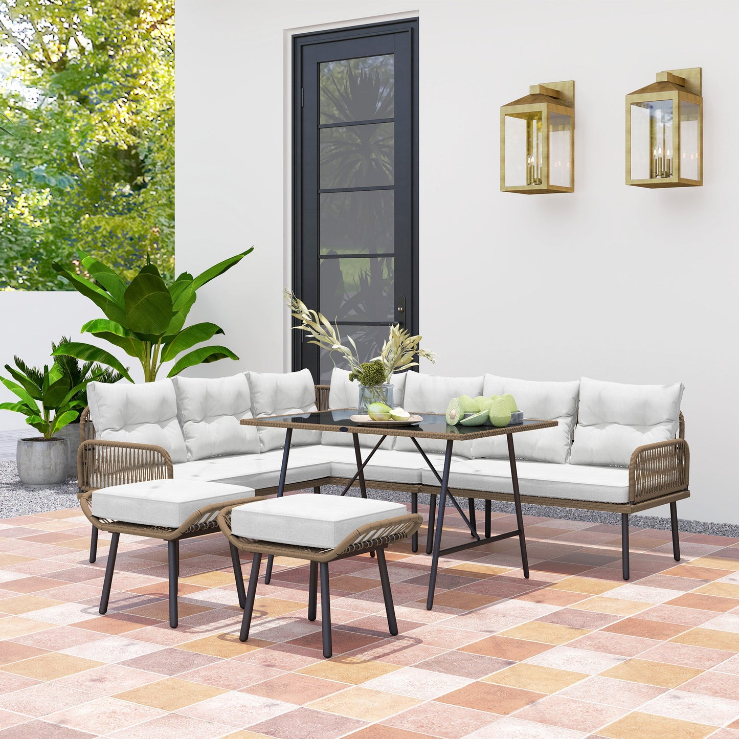 6 Piece Rattan Garden Furniture Set, 8 Seater Garden Corner Sofa with Cushions and Glass Top Table, Sectional Outdoor Furniture Conservatory Set for Patio, Cream White