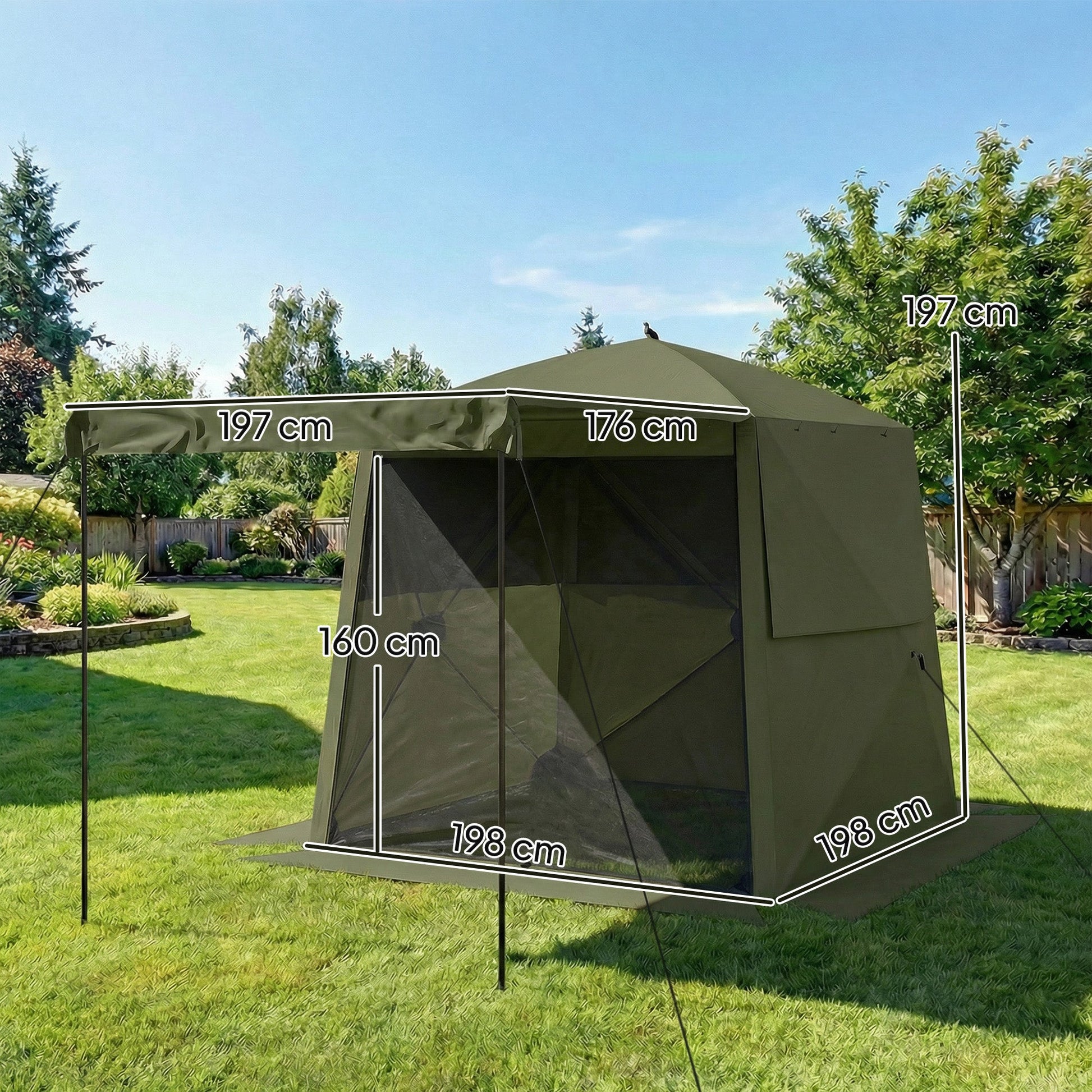 2 x 2 m Pop Up Gazebo with Awning, Waterproof Instant Shelter for Garden BBQ, Fishing, Camping, Easy Setup Garden Gazebo with Sides, Mesh Windows & Carry Bag, Army Green