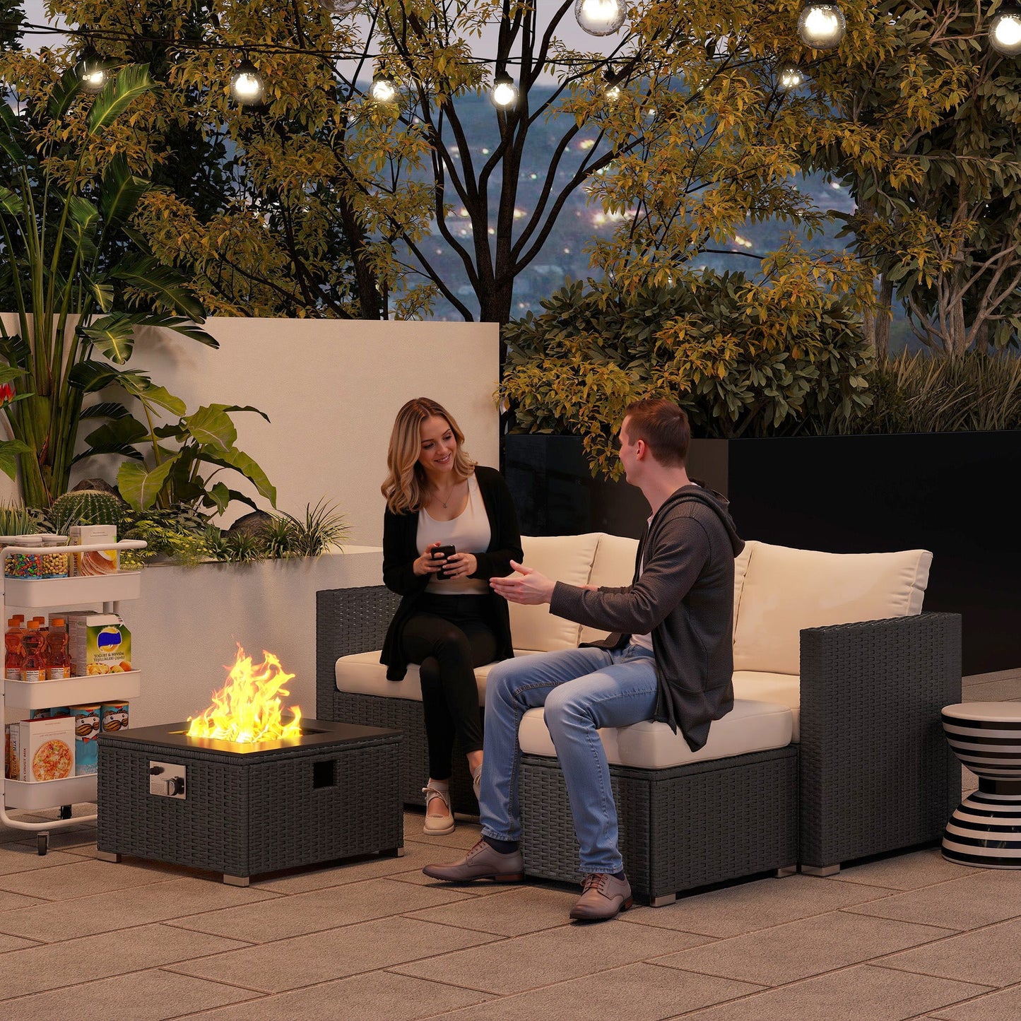 5 Piece Rattan Garden Furniture Set with Gas Fire Pit Table, 4 Seater Outdoor Sectional Sofa Set with Footstool and Removable Cushions, Modular Combination, Black and Cream White