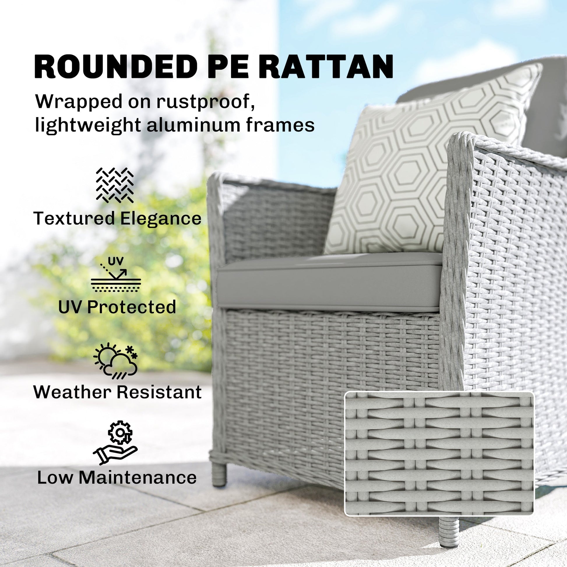 6 Seater Rattan Garden Dining Set with Lazy Susan, Round Garden Table and Chairs with Marble Effect Glass Table, Cushions and Pillows, Aluminium Frame Outdoor Furniture Set for Patio, Grey