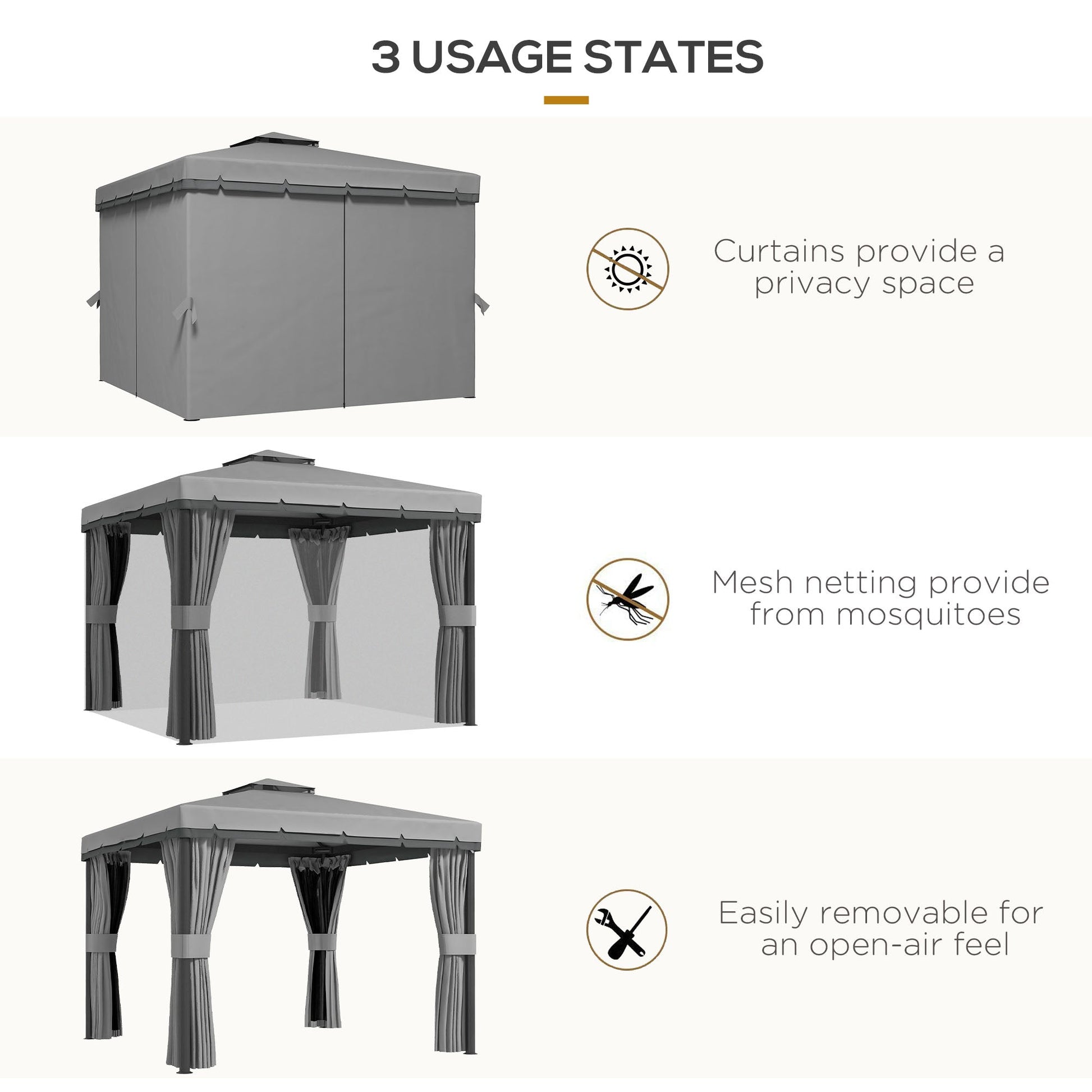3 x 3(m) Patio Gazebo Canopy Garden Pavilion Tent Shelter Marquee with 2 Tier Water Repellent Roof, Mosquito Netting and Curtains, Aluminium Frame, Light Grey