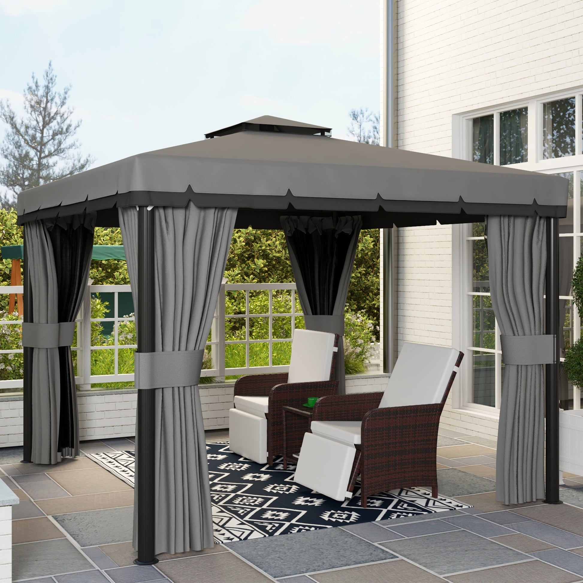 3 x 3(m) Patio Gazebo Canopy Garden Pavilion Tent Shelter Marquee with 2 Tier Water Repellent Roof, Mosquito Netting and Curtains, Aluminium Frame, Light Grey