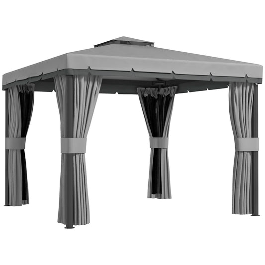 3 x 3(m) Patio Gazebo Canopy Garden Pavilion Tent Shelter Marquee with 2 Tier Water Repellent Roof, Mosquito Netting and Curtains, Aluminium Frame, Light Grey