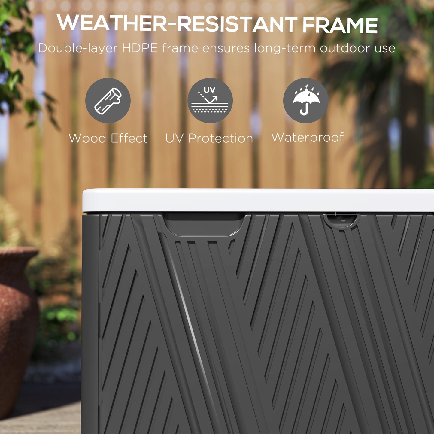 380L Garden Storage Box Outdoor Storage Box Waterproof with Lockable Lid and Moulded Handles, Double-Layer Wood Effect HDPE Deck Box, 115 x 60 x 60 cm