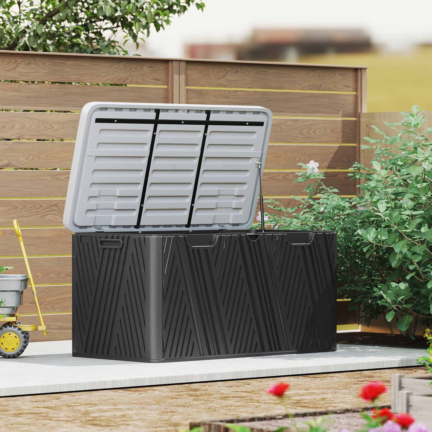 380L Garden Storage Box Outdoor Storage Box Waterproof with Lockable Lid and Moulded Handles, Double-Layer Wood Effect HDPE Deck Box, 115 x 60 x 60 cm