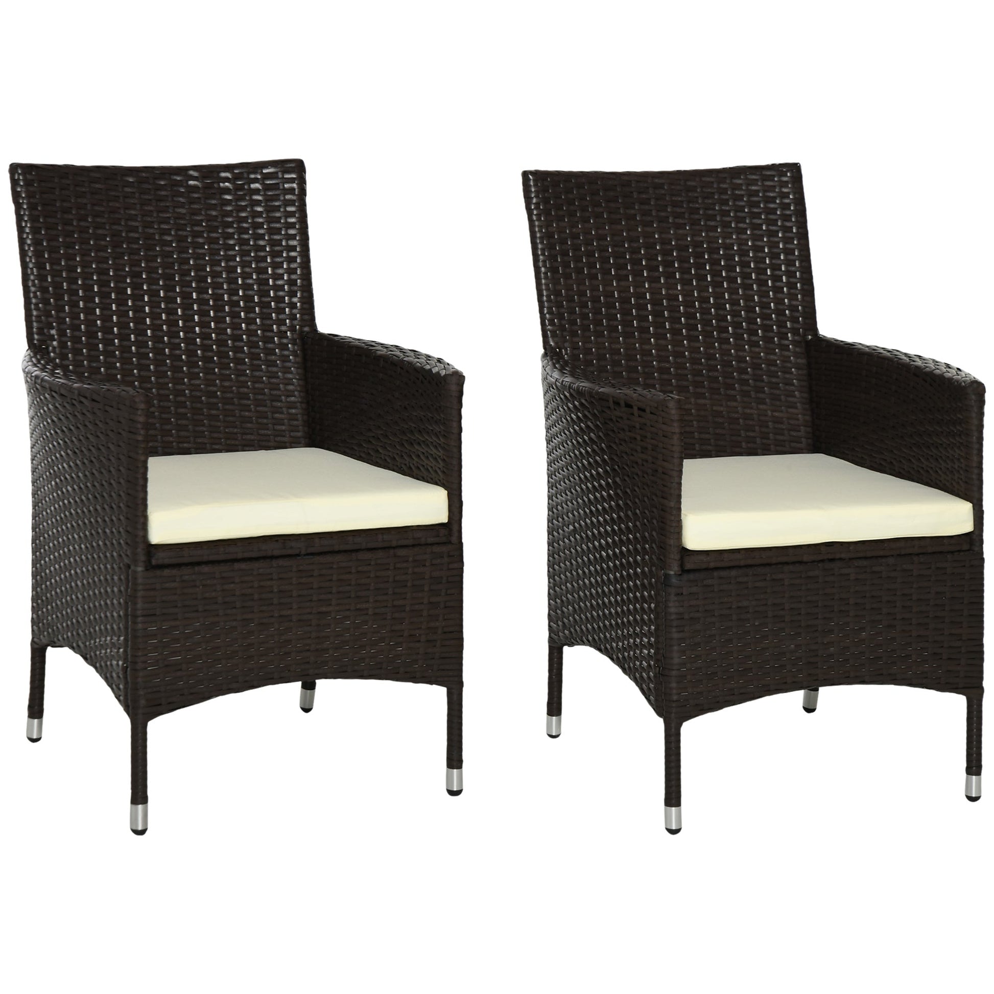 2 Pieces Outdoor PE Rattan Dining Chairs Set with Cushion, Garden Armchair with Armrests, High Backrest, Metal Frame Patio Wicker Furniture, Coffee