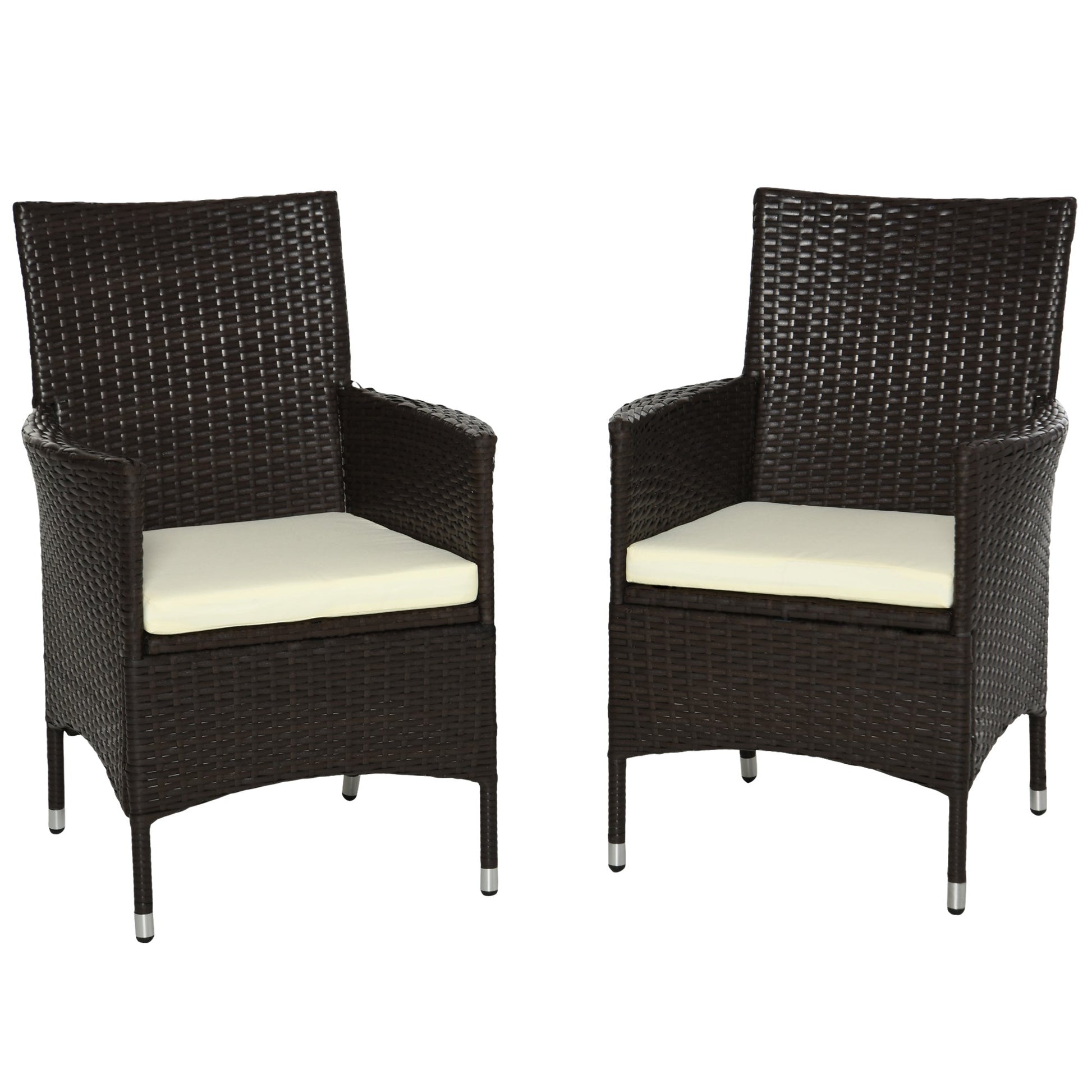 2 Pieces Outdoor PE Rattan Dining Chairs Set with Cushion, Garden Armchair with Armrests, High Backrest, Metal Frame Patio Wicker Furniture, Coffee