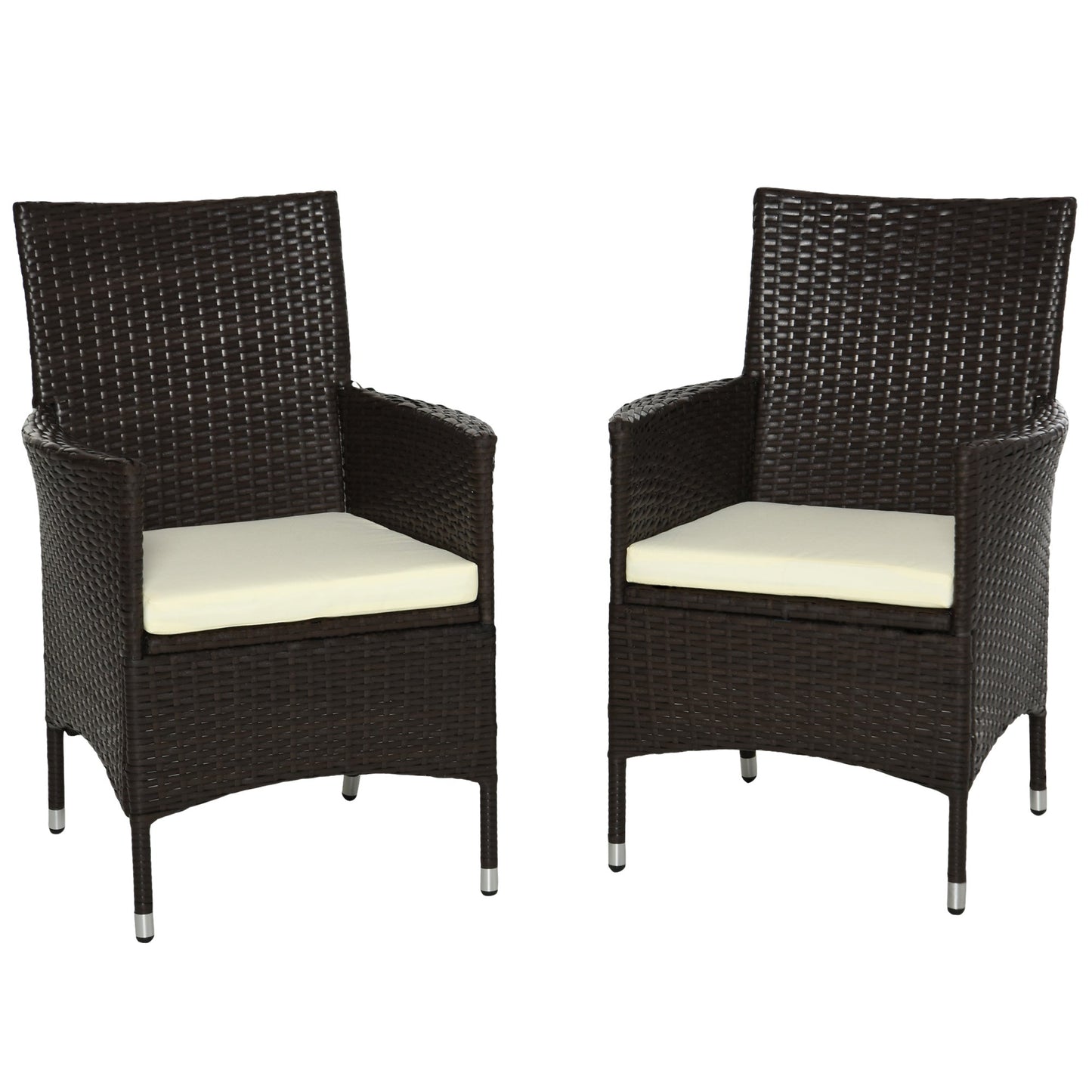 2 Pieces Outdoor PE Rattan Dining Chairs Set with Cushion, Garden Armchair with Armrests, High Backrest, Metal Frame Patio Wicker Furniture, Coffee