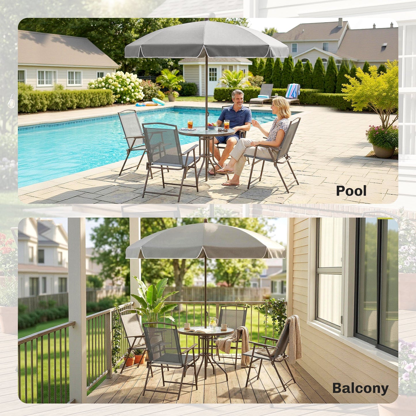 6 Piece Garden Dining Set with Umbrella, Patio Sets with Parasol, 4 Folding Dining Chairs & Round Tempered Glass Table, Dark Grey