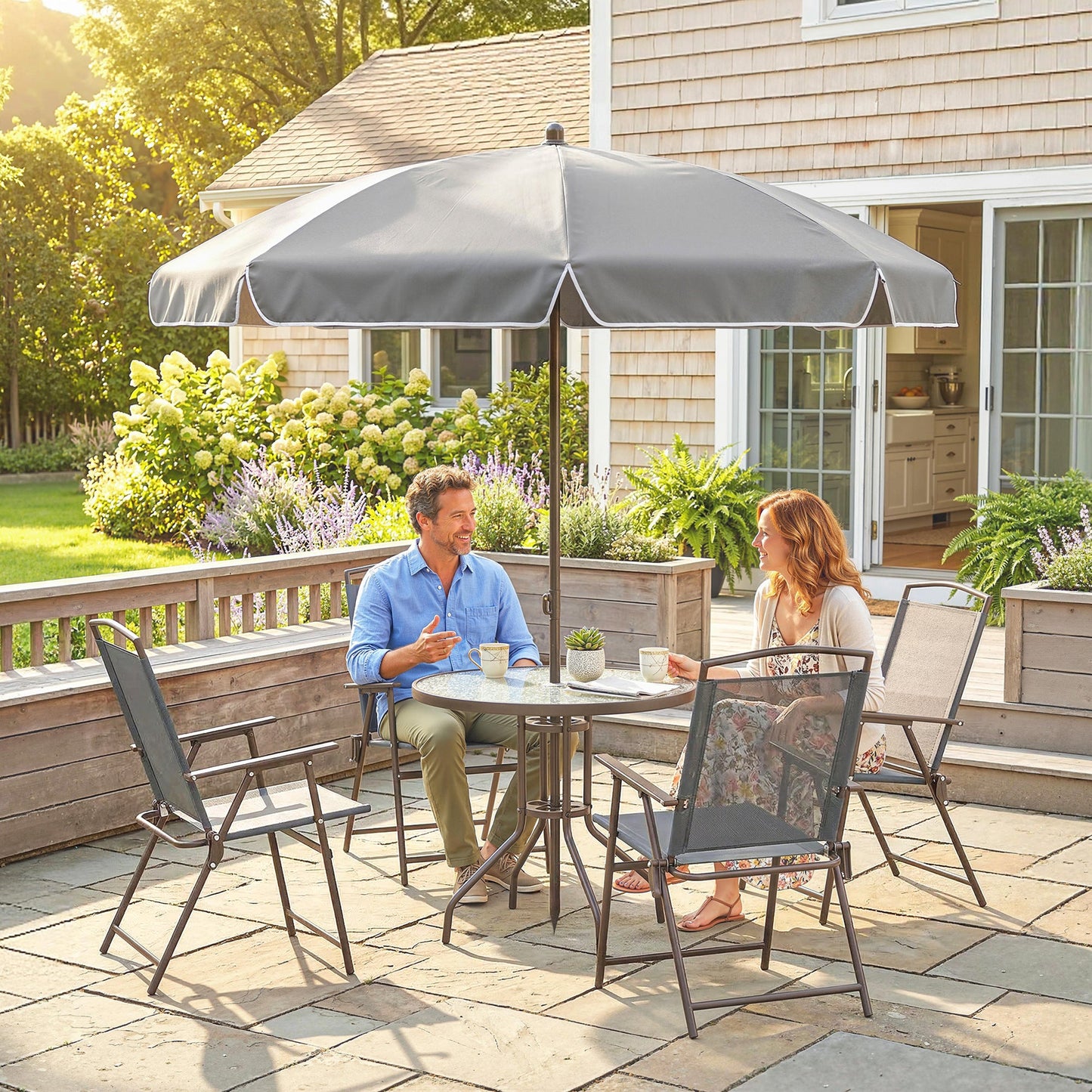 6 Piece Garden Dining Set with Umbrella, Patio Sets with Parasol, 4 Folding Dining Chairs & Round Tempered Glass Table, Dark Grey