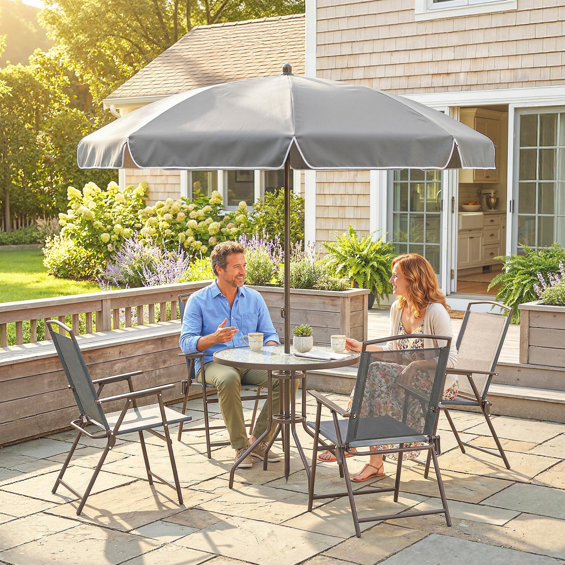 6 Piece Garden Dining Set with Umbrella, Patio Sets with Parasol, 4 Folding Dining Chairs & Round Tempered Glass Table, Dark Grey