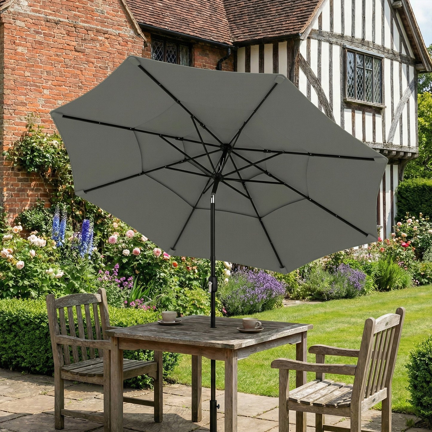 3 m Garden Parasol, Parasol Umbrella with 3-tier Roof, Crank Handle, Tilt Function, Polyester Canopy, Outdoor Table Umbrella for Patio, Garden, Grey
