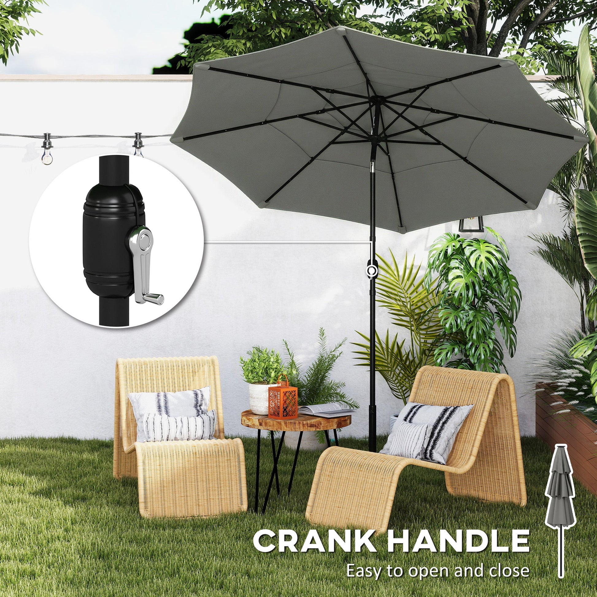 3 m Garden Parasol, Parasol Umbrella with 3-tier Roof, Crank Handle, Tilt Function, Polyester Canopy, Outdoor Table Umbrella for Patio, Garden, Grey