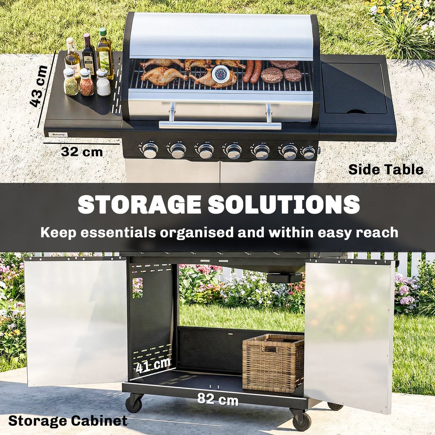 6+1 Burner Gas BBQ Grill, Portable Outdoor Barbecue Trolley with Wheels, Warming Rack, Built-in Thermometer, Side Shelves, Cabinet, Bottle Opener, Lid with Viewing Window, Silver Tone