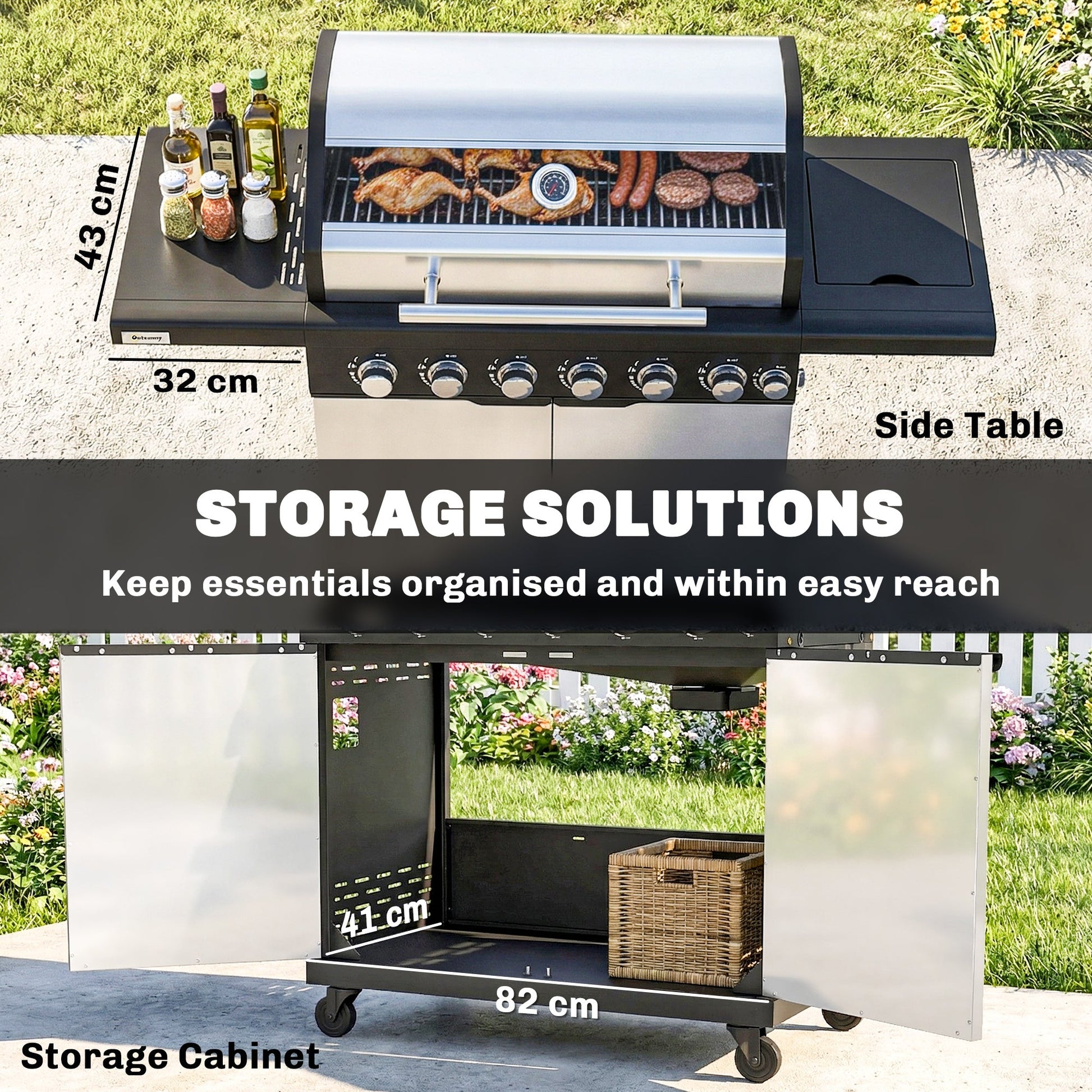 6+1 Burner Gas BBQ Grill, Portable Outdoor Barbecue Trolley with Wheels, Warming Rack, Built-in Thermometer, Side Shelves, Cabinet, Bottle Opener, Lid with Viewing Window, Silver Tone