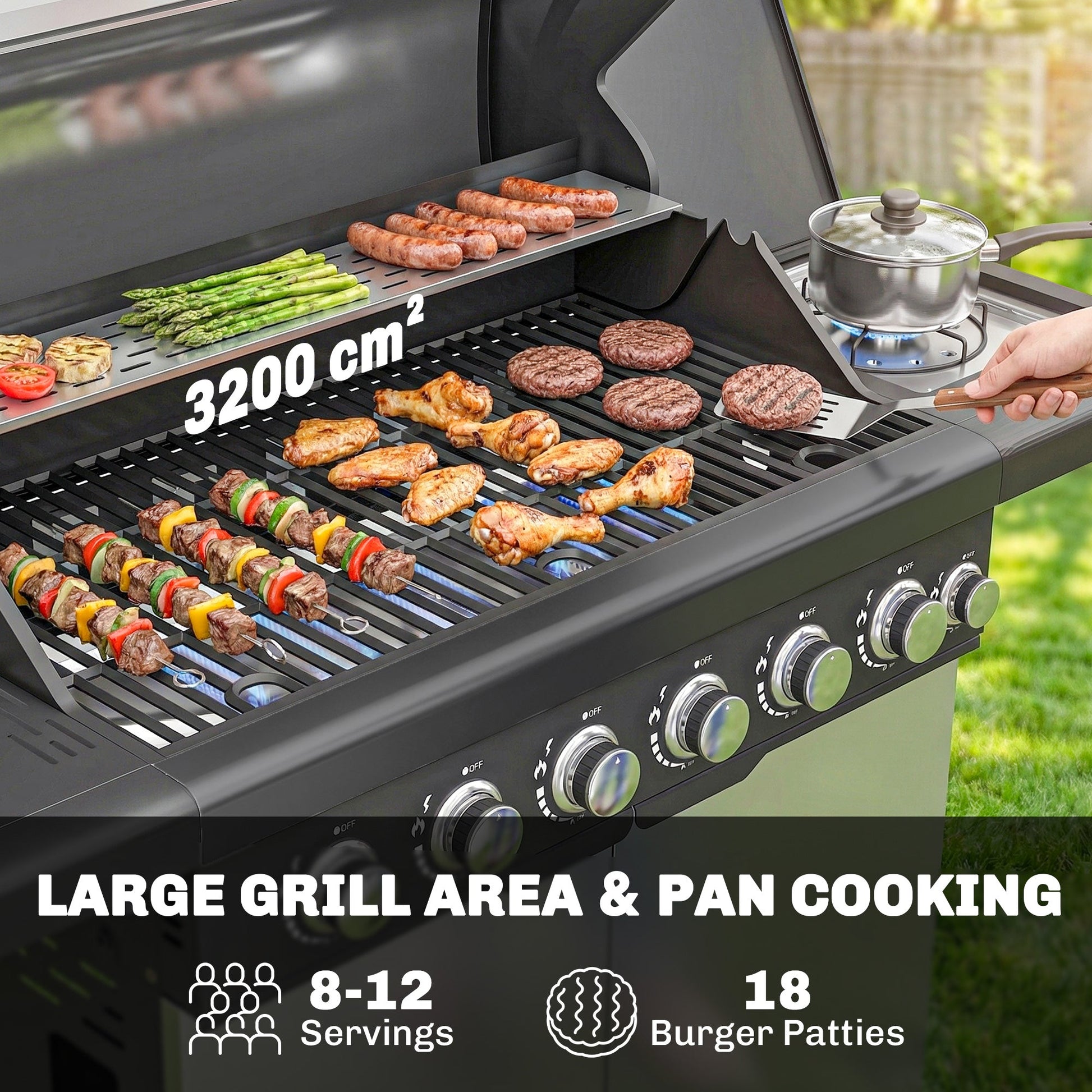 6+1 Burner Gas BBQ Grill, Portable Outdoor Barbecue Trolley with Wheels, Warming Rack, Built-in Thermometer, Side Shelves, Cabinet, Bottle Opener, Lid with Viewing Window, Silver Tone