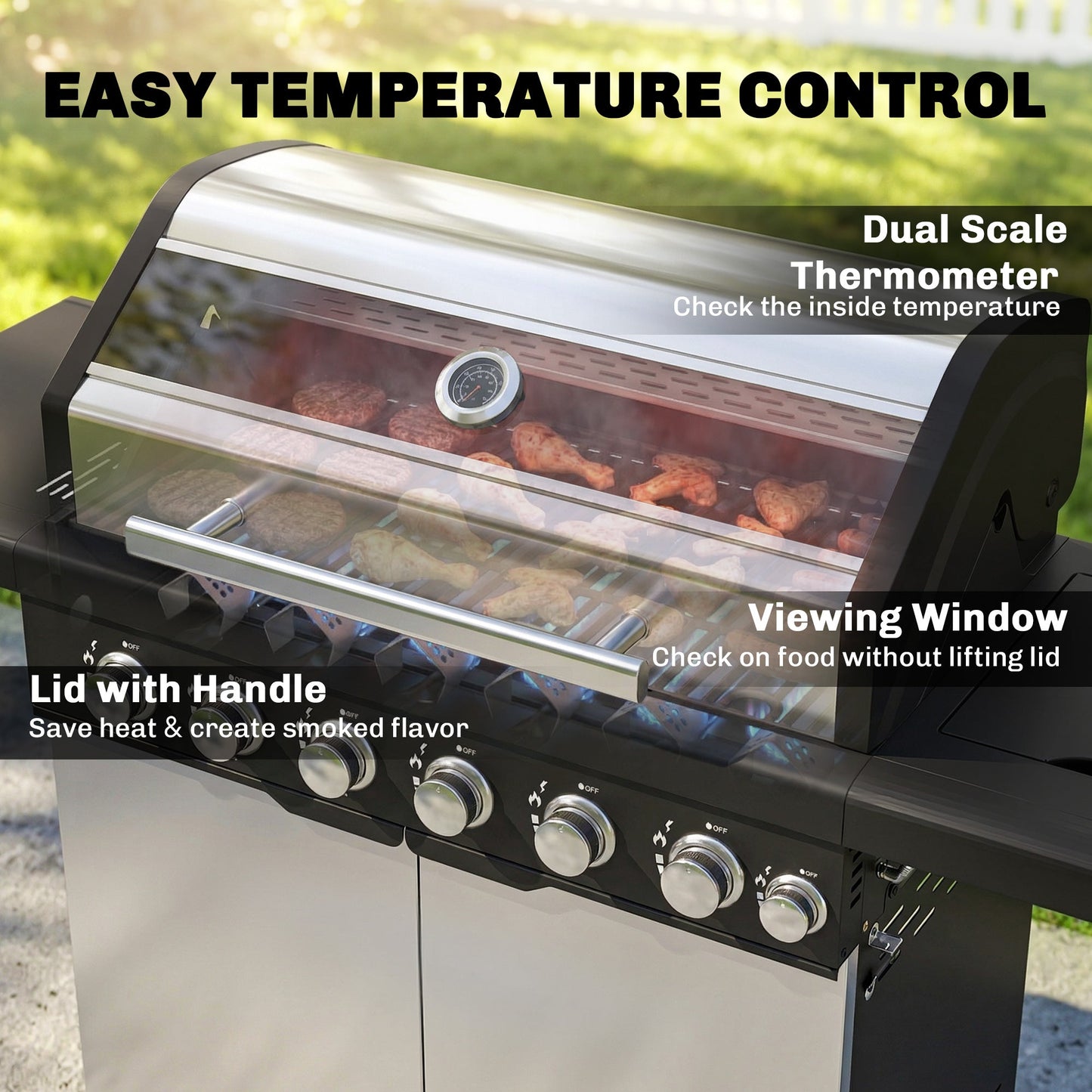 6+1 Burner Gas BBQ Grill, Portable Outdoor Barbecue Trolley with Wheels, Warming Rack, Built-in Thermometer, Side Shelves, Cabinet, Bottle Opener, Lid with Viewing Window, Silver Tone