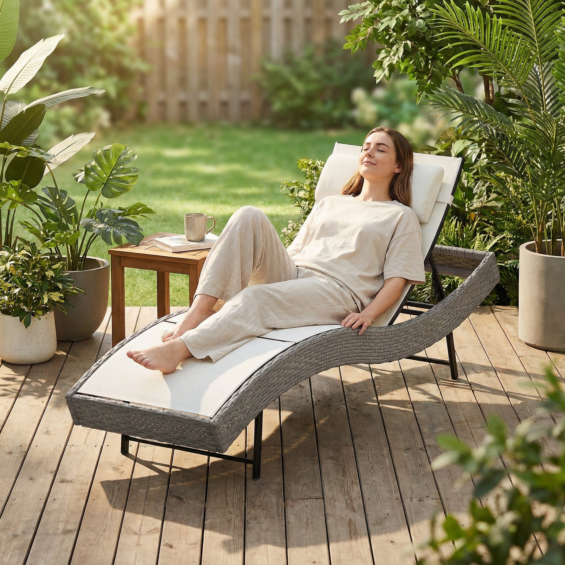 Rattan Sun Lounger, 5 Position Adjustable Garden Lounger Recliner with S Shaped Texteline Seat and Headrest, Reclining Outdoor Sunbed with Metal Frame for Patio, Terrace, Cream White