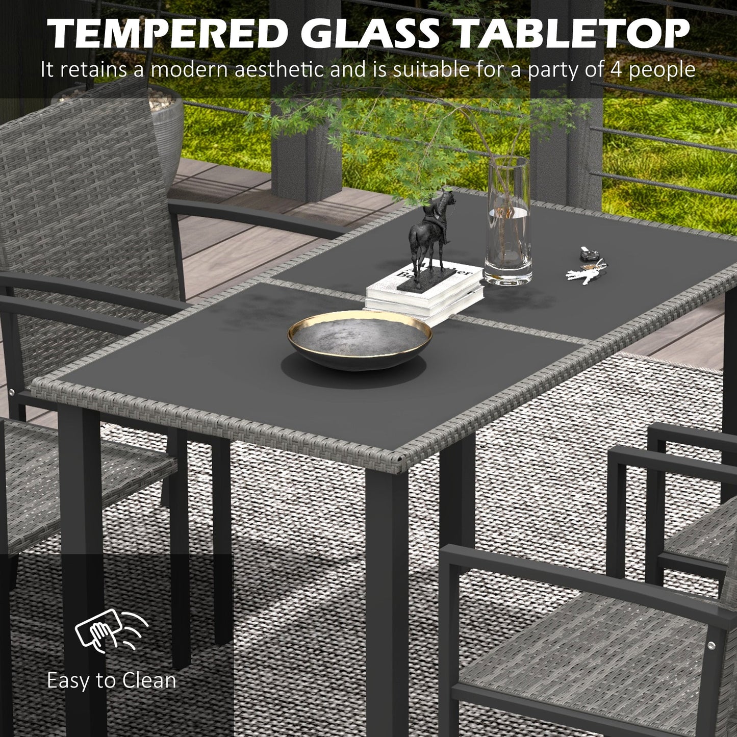 4 Seater Rattan Dining Set with Rectangular Glass Top Table and 4 Armchairs, PE Rattan Garden Furniture Set, Outdoor Dining Table and Chairs for Patio, Balcony, Lawn, Grey