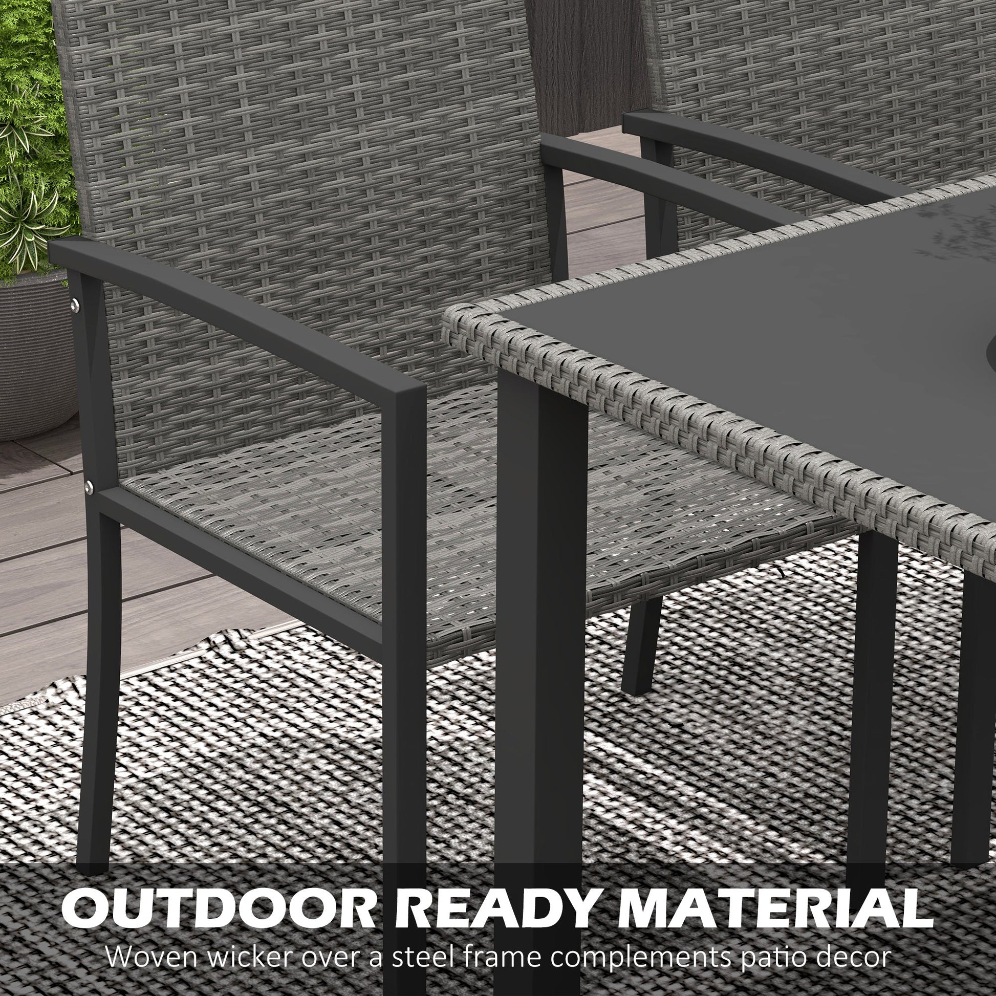 4 Seater Rattan Dining Set with Rectangular Glass Top Table and 4 Armchairs, PE Rattan Garden Furniture Set, Outdoor Dining Table and Chairs for Patio, Balcony, Lawn, Grey