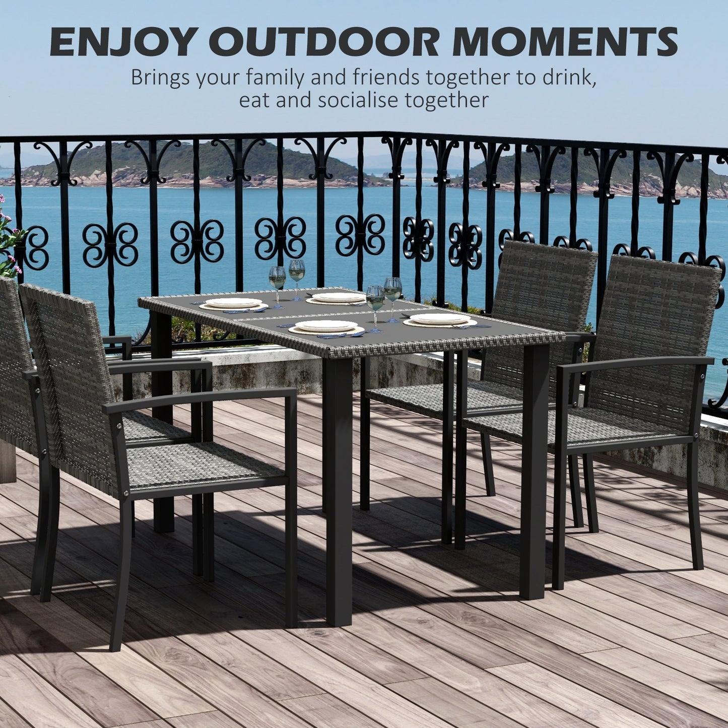 4 Seater Rattan Dining Set with Rectangular Glass Top Table and 4 Armchairs, PE Rattan Garden Furniture Set, Outdoor Dining Table and Chairs for Patio, Balcony, Lawn, Grey