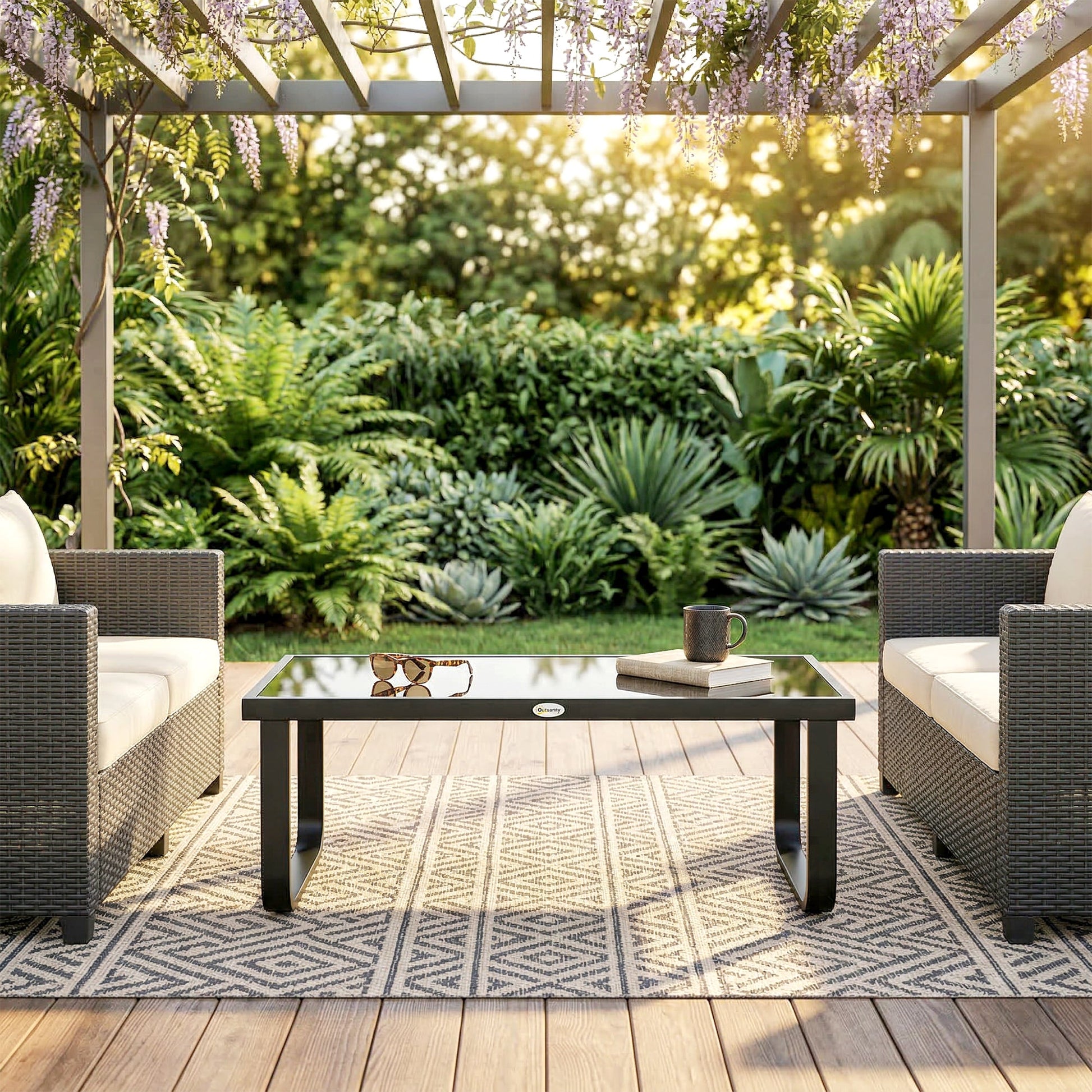 Metal Garden Coffee Table, Outdoor Rectangle Side Table with Tempered Glass Tabletop and Adjustable Foot Pads for Terrace, Balcony, Patio, 90 x 45 x 33 cm, Black