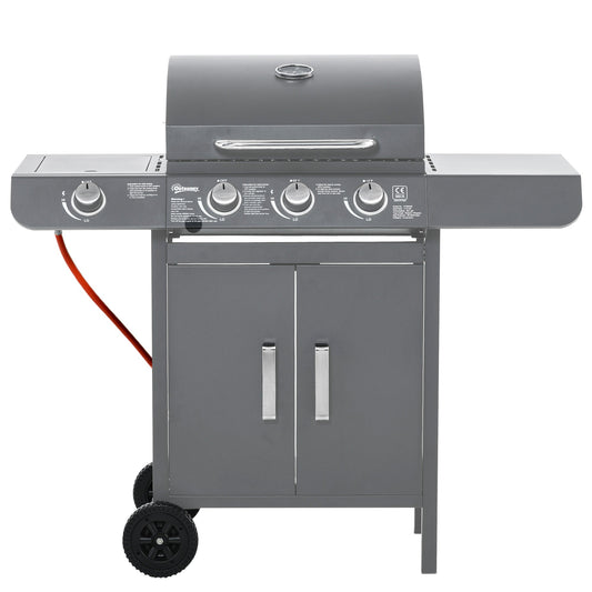 3+1 Burner Gas BBQ Grill, Outdoor Barbecue Trolley with Wheels, Warming Rack, Side Shelves, Cabinet, Thermometer for Garden, Party, Camping, 110L x 50W x 100Hcm, Grey
