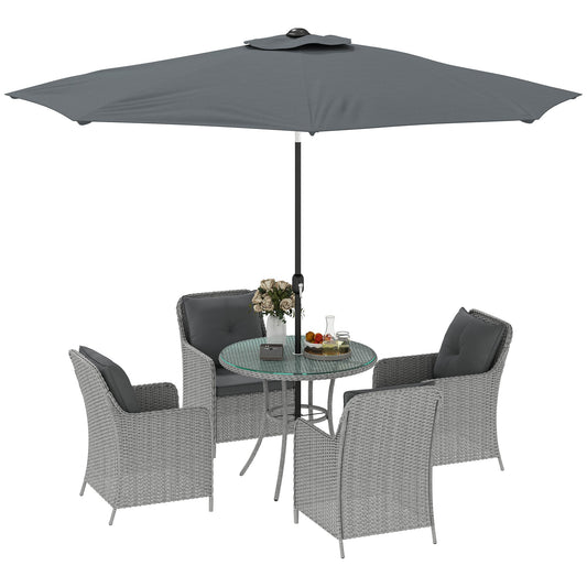 4 Seater Rattan Dining Set with Parasol, Luxury Rattan Garden Furniture Set with Seat and Back Cushions, Outdoor Table and Chairs, Round Glass Top Table, Light Grey