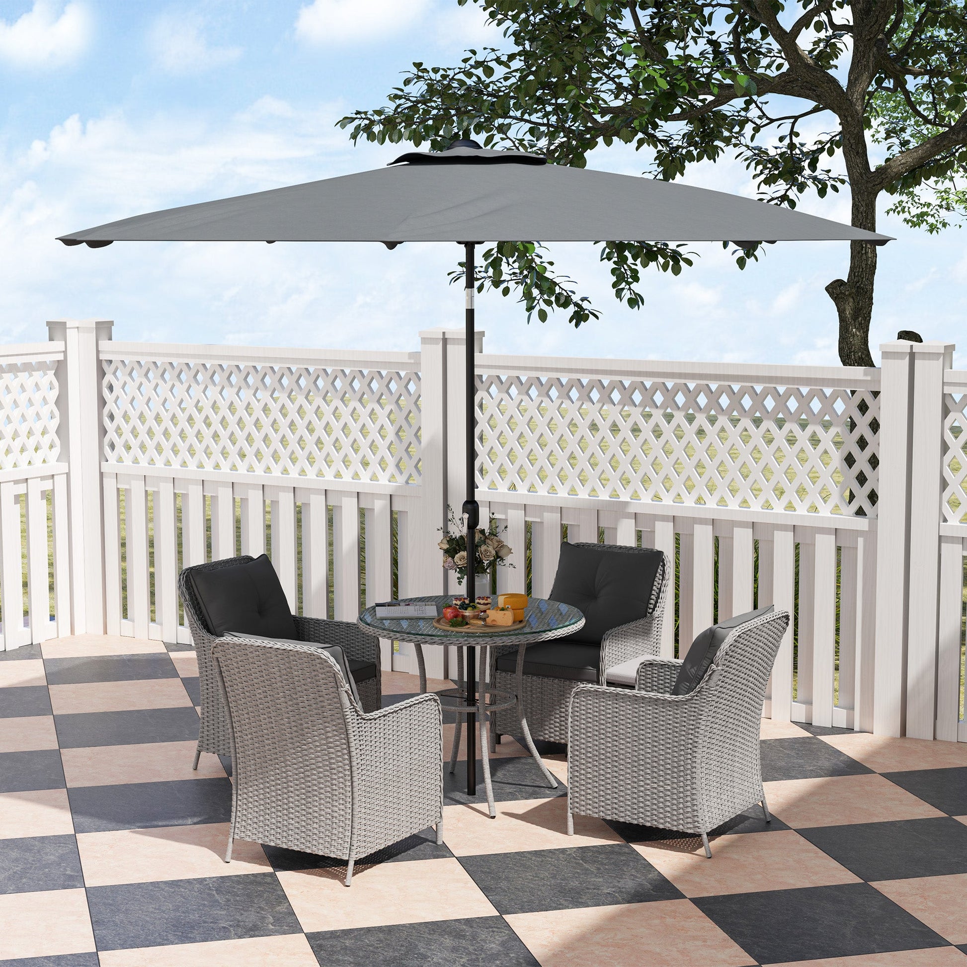 4 Seater Rattan Dining Set with Parasol, Luxury Rattan Garden Furniture Set with Seat and Back Cushions, Outdoor Table and Chairs, Round Glass Top Table, Light Grey
