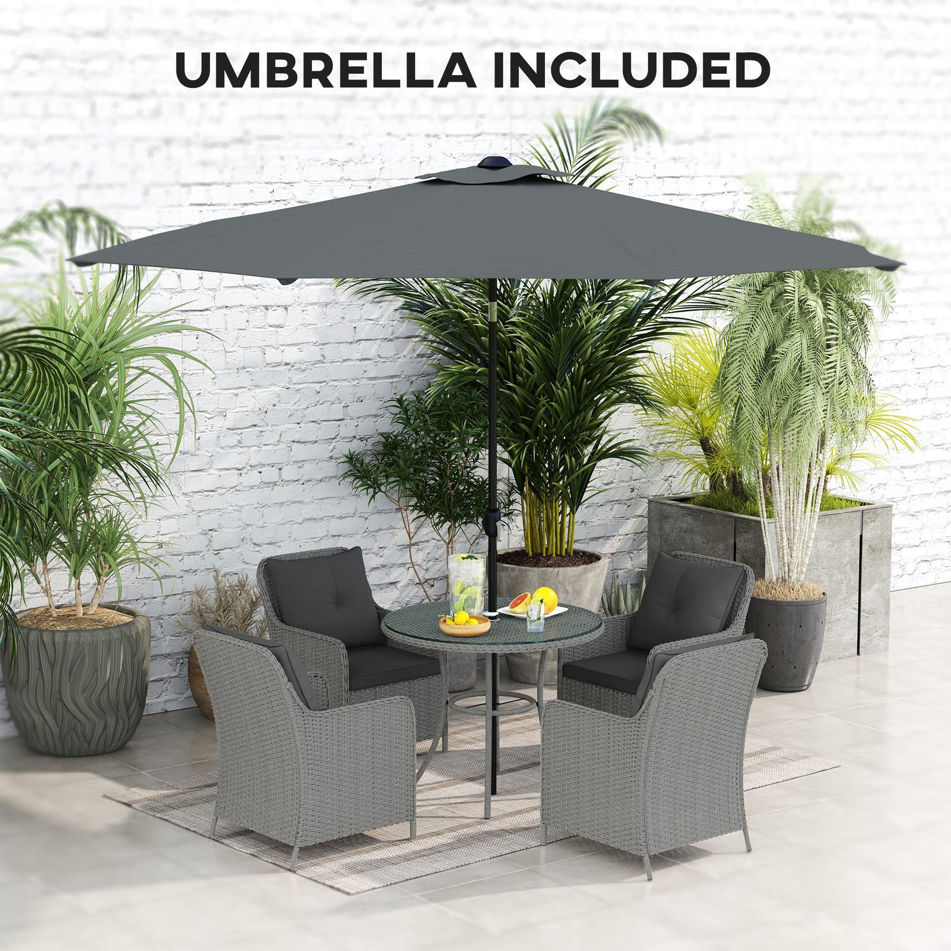 4 Seater Rattan Dining Set with Parasol, Luxury Rattan Garden Furniture Set with Seat and Back Cushions, Outdoor Table and Chairs, Round Glass Top Table, Light Grey