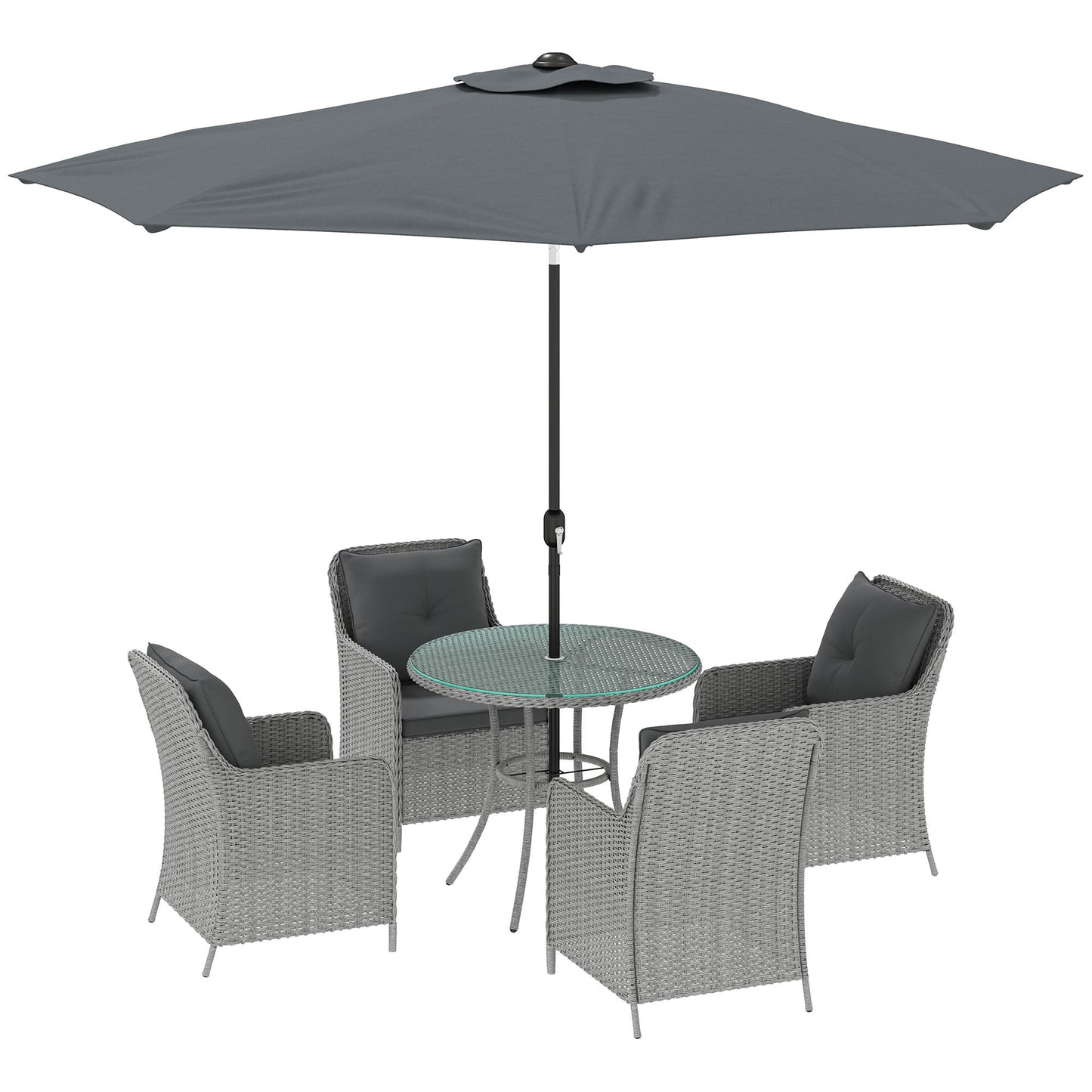 4 Seater Rattan Dining Set with Parasol, Luxury Rattan Garden Furniture Set with Seat and Back Cushions, Outdoor Table and Chairs, Round Glass Top Table, Light Grey