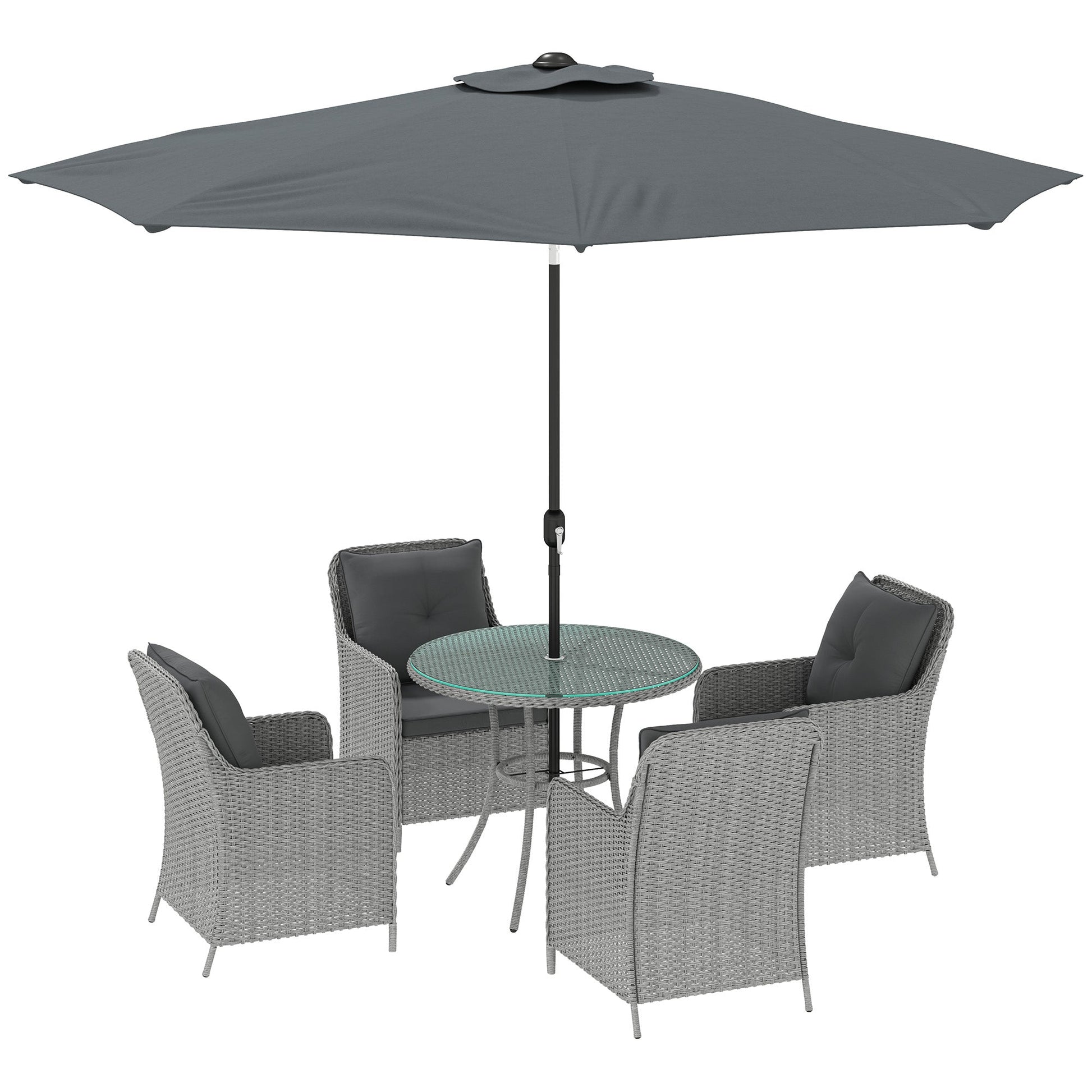 4 Seater Rattan Dining Set with Parasol, Luxury Rattan Garden Furniture Set with Seat and Back Cushions, Outdoor Table and Chairs, Round Glass Top Table, Light Grey