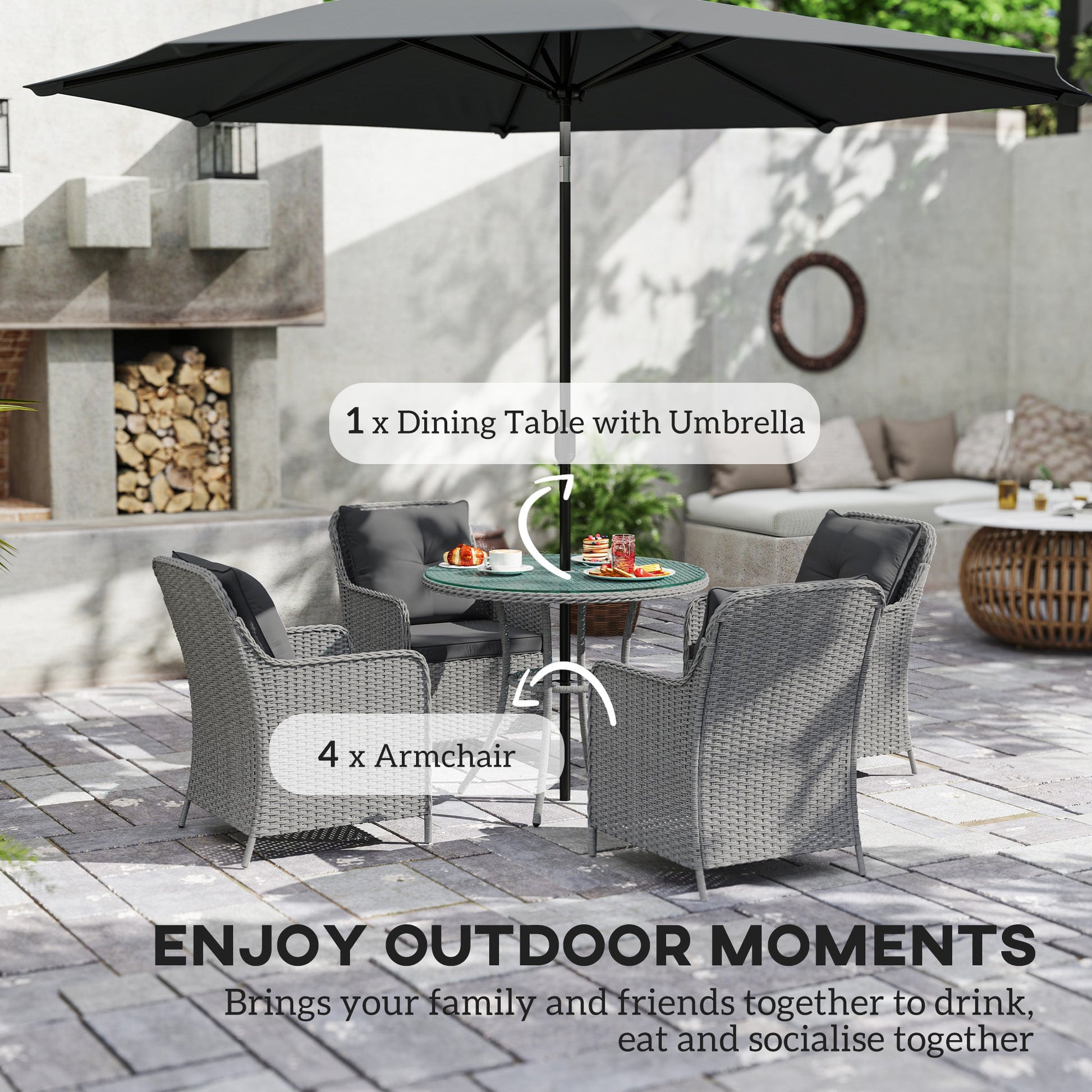 4 Seater Rattan Dining Set with Parasol, Luxury Rattan Garden Furniture Set with Seat and Back Cushions, Outdoor Table and Chairs, Round Glass Top Table, Light Grey