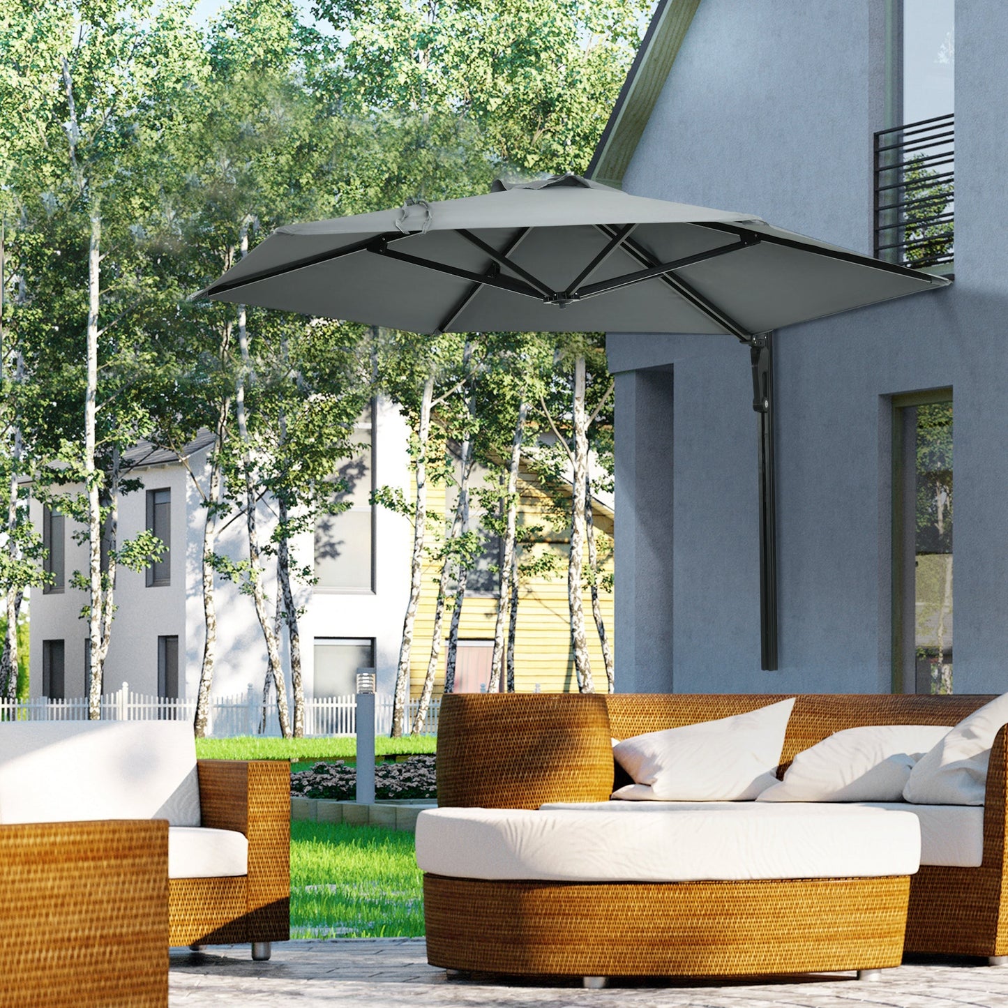2.5m Wall Mounted Parasol, Hand to Push Outdoor Patio Umbrella with 180 Degree Rotatable Canopy for Porch, Deck, Garden, 250 cm, Grey