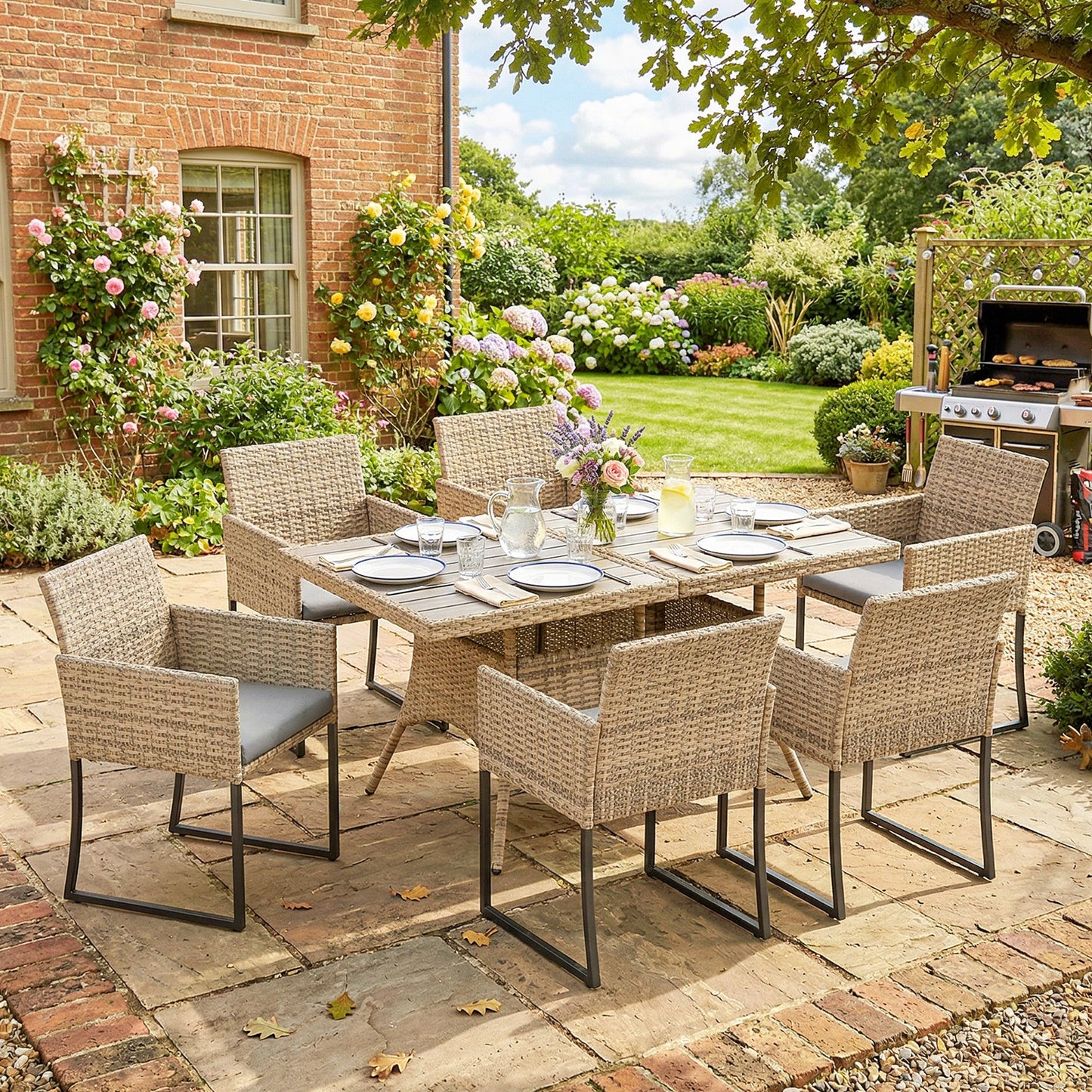 7 Piece Rattan Garden Furniture Set, Garden Dining Set with Wood-Plastic Table and 6 Stackable Chairs, Rattan Table and Chairs with 6 Cushions for Patio Terrace, Dark Grey