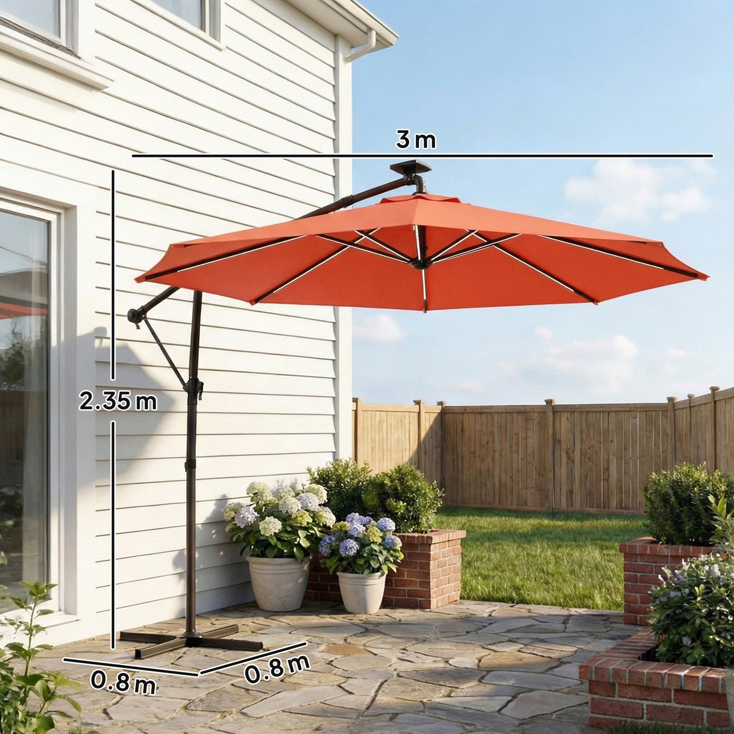 3 m Garden Cantilever Parasol with LED Solar Light, Round Overhanging Umbrella with 6-Position 360° Rotation, Crank Handle, Tilt, Cover, Banana Patio Umbrella for Outdoor Sun Shade, Orange