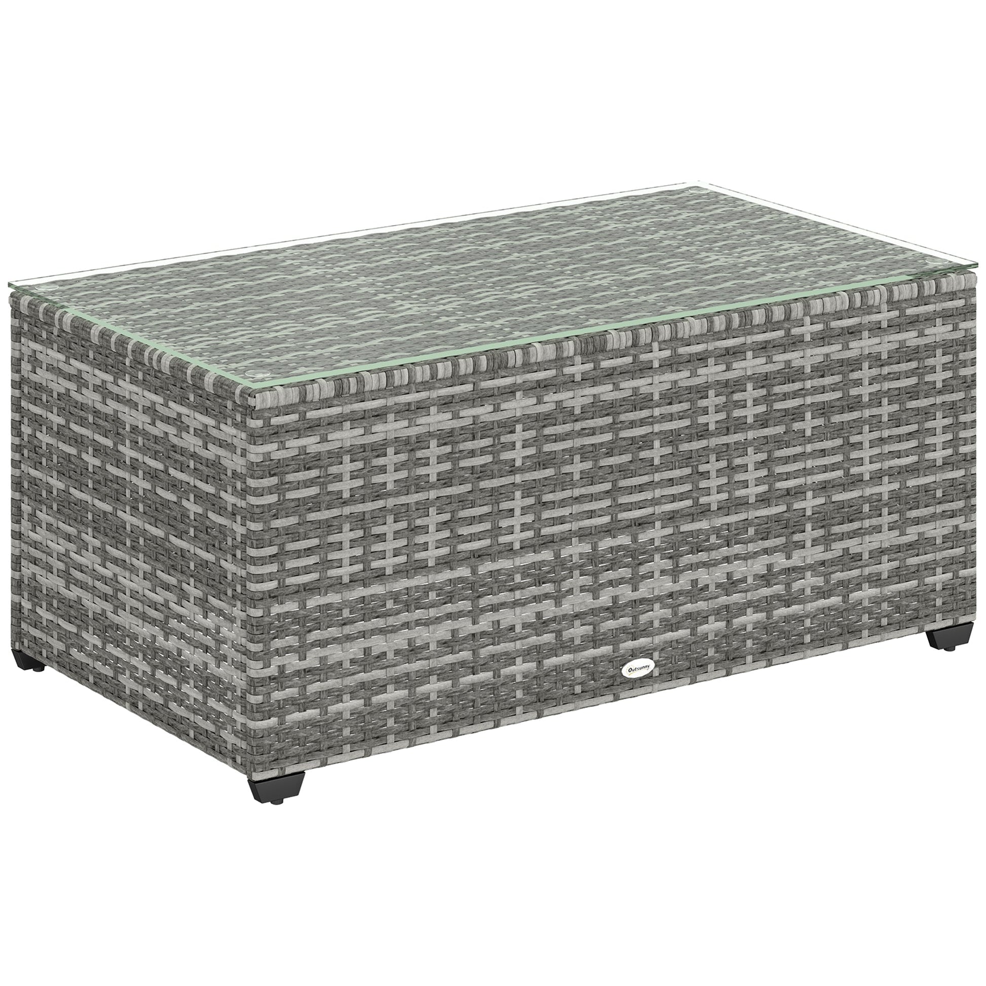 Outdoor Coffee Table, PE Rattan Side Table with Tempered Glass Top, Wicker Rectangular Garden Coffee Table End Table with Steel Frame for Patio, Balcony, 90 x 50 x 38cm, Light Grey