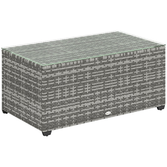 Outdoor Coffee Table, PE Rattan Side Table with Tempered Glass Top, Wicker Rectangular Garden Coffee Table End Table with Steel Frame for Patio, Balcony, 90 x 50 x 38cm, Light Grey